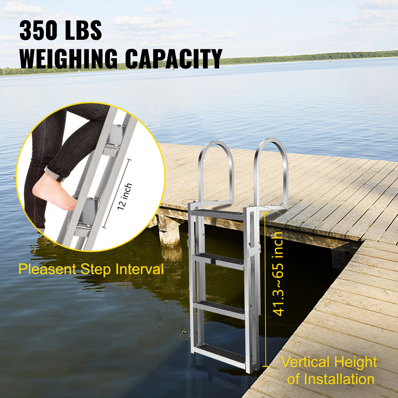 Retractable Dock Ladder with Rubber Mat, Pontoon Boat Ladder 41"-65" Adjustable Height, Swim Ladder Aluminum 4 Step, Each Step 20.5" x 4", 350Lbs Load, for Lake, Marine Boarding, Pool