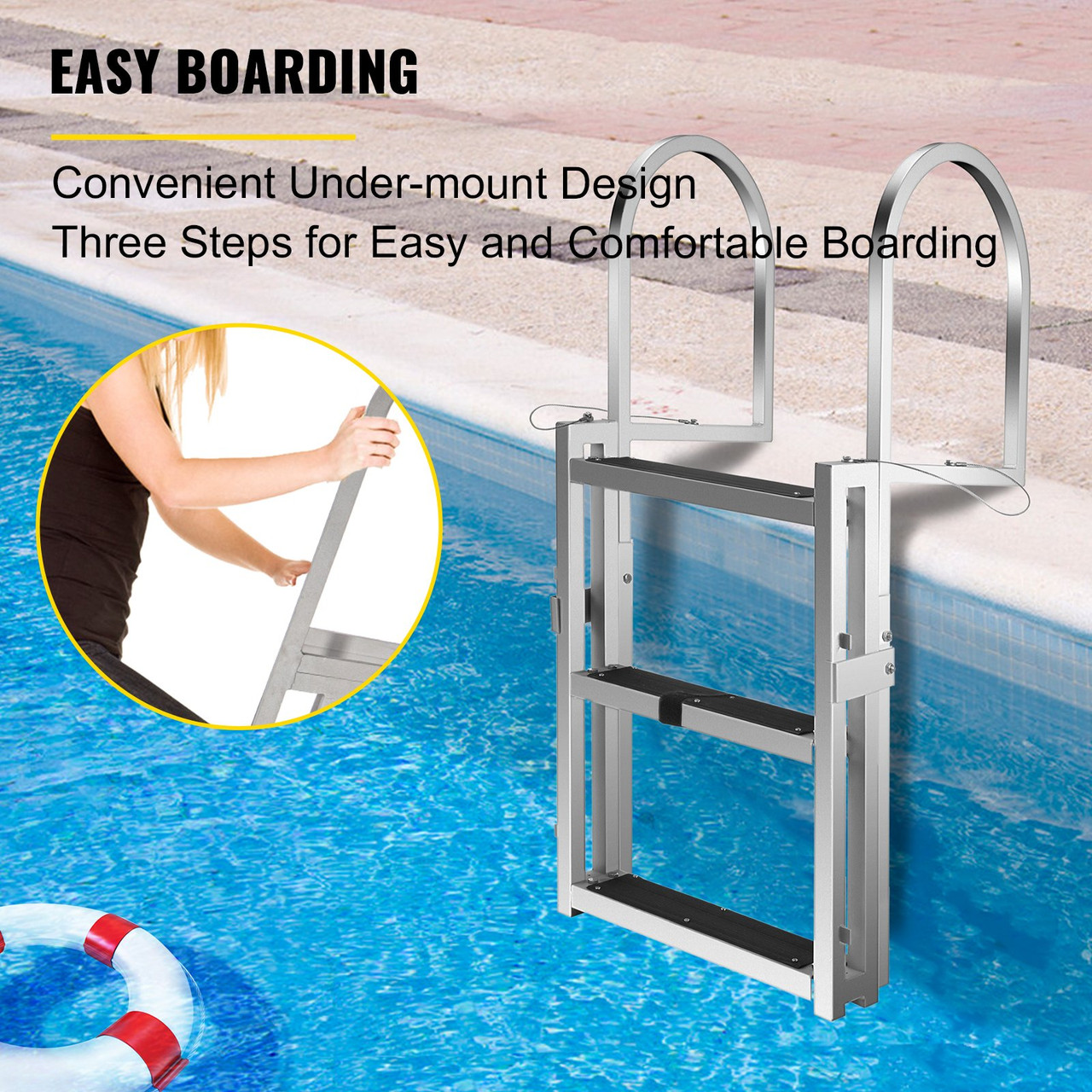 Retractable Dock Ladder with Rubber Mat, Pontoon Boat Ladder 41"-53.1" Adjustable Height, Swim Ladder Aluminum 3 Step, Each Step 20.5" x 4", 330Lbs Load, for Lake, Marine Boarding, Pool