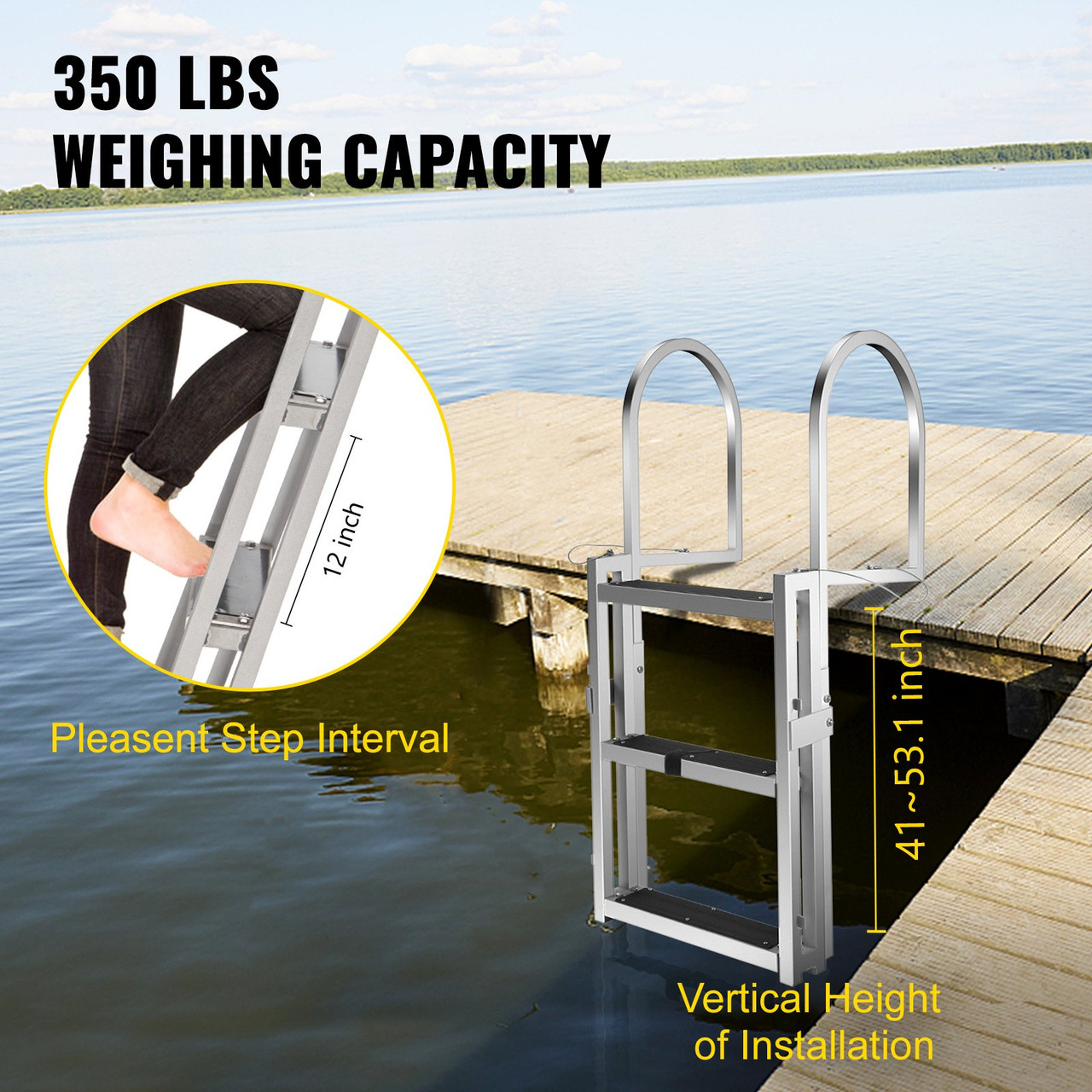 Retractable Dock Ladder with Rubber Mat, Pontoon Boat Ladder 41"-53.1" Adjustable Height, Swim Ladder Aluminum 3 Step, Each Step 20.5" x 4", 330Lbs Load, for Lake, Marine Boarding, Pool