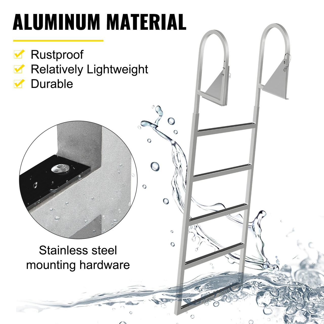 Dock Ladders Flip Up, Dock Ladder with Rubber Mat, Swim Ladder Aluminum 5 Step, Each Step 21.5" x 1.2", 350Lbs Load, for Lake, Marine Boarding, Pool