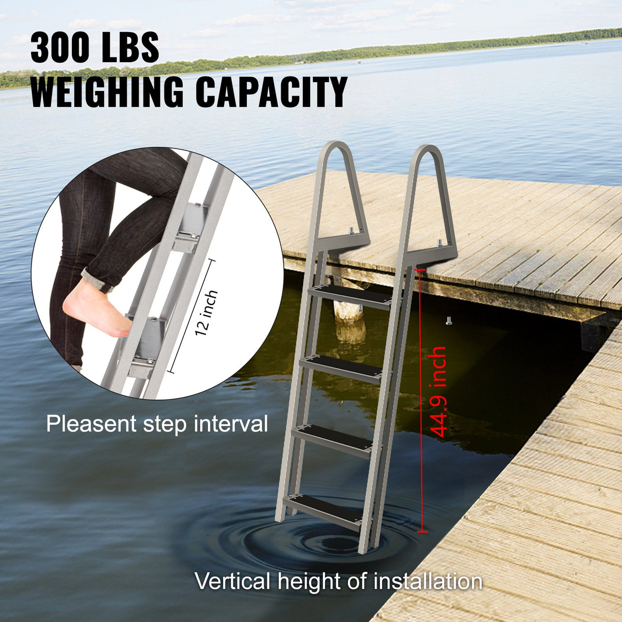 Removable Dock Ladder with Rubber Mat, Pontoon Boat Ladder with Mounting Hardware, Swim Ladder Aluminum 4 Step, Each Step 16" x 4", 350Lbs Load, for Lake, Marine Boarding, Pool