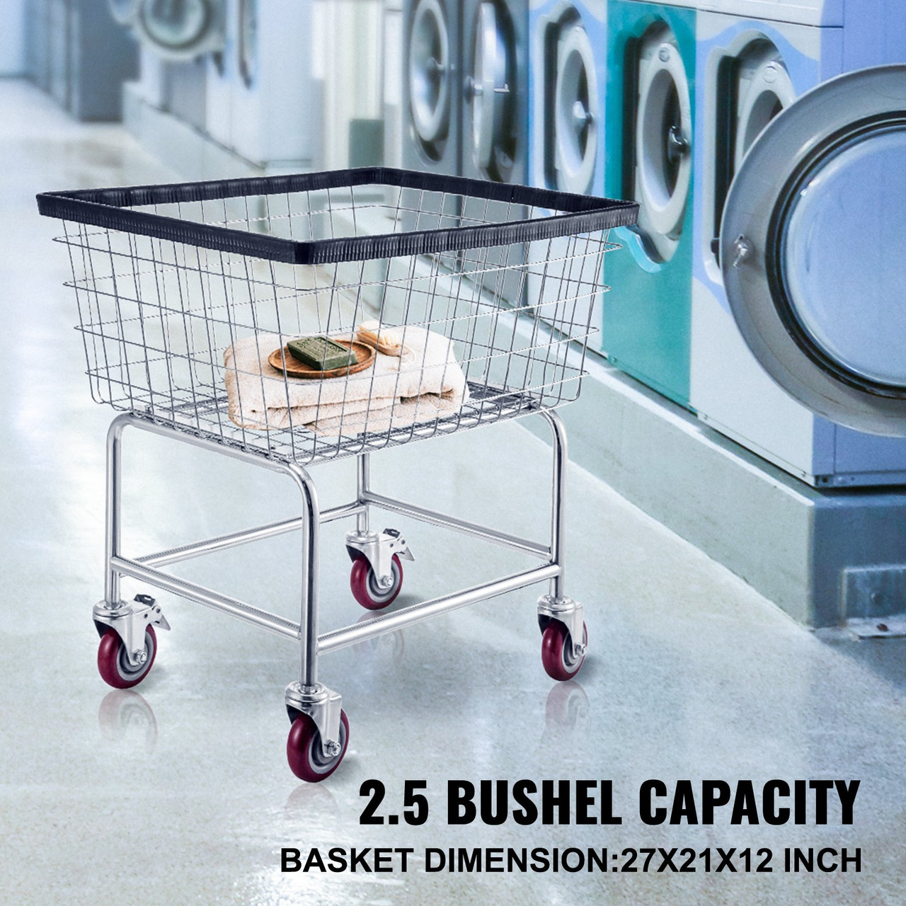 Wire Laundry Cart Wire Laundry Basket 2.5 Bushel Heavy Duty w/ 4'' Wheels