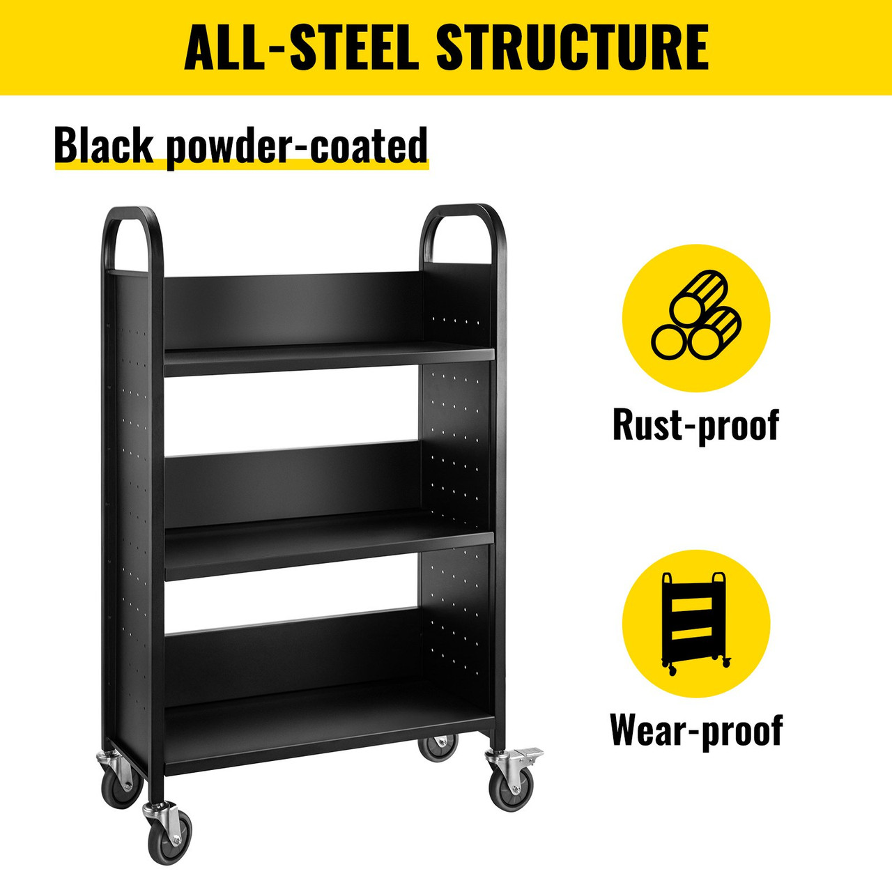 Book Cart Library Cart 200lb with Single Sided L-Shaped Sloped Shelves in Black