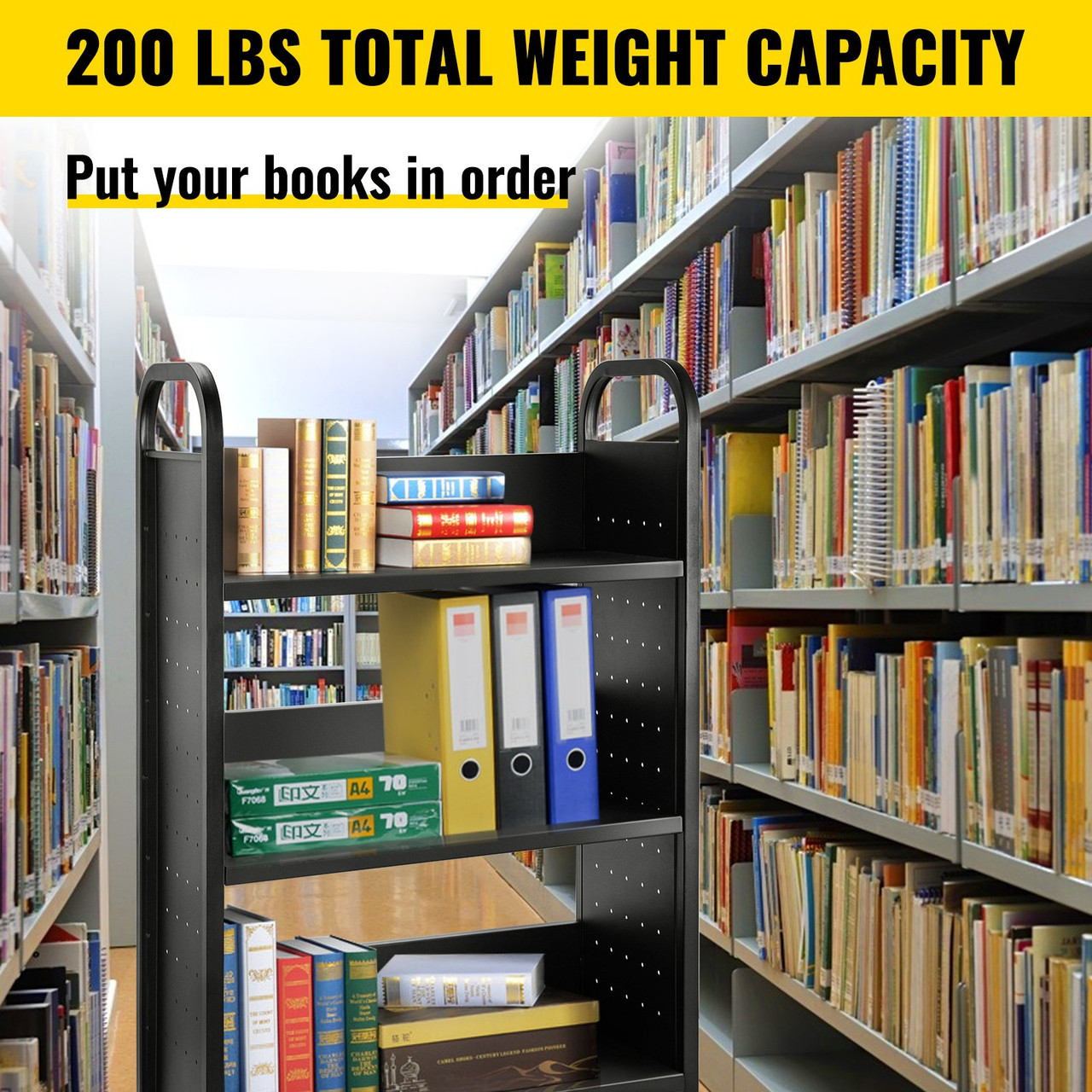 Book Cart Library Cart 200lb with Single Sided L-Shaped Sloped Shelves in Black