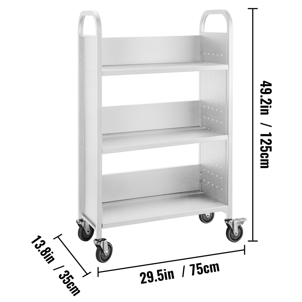 Book Cart Library Cart 200lb with Single Sided L-Shaped Sloped Shelves in White