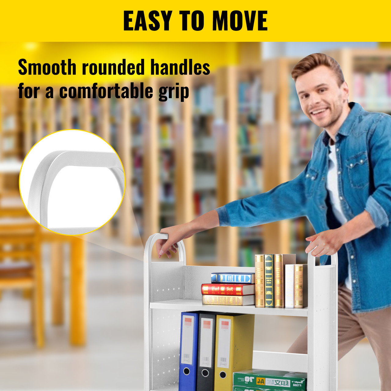 Book Cart Library Cart 200lb with Single Sided L-Shaped Sloped Shelves in White