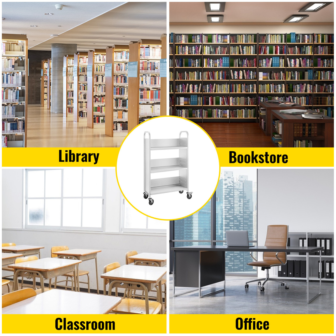 Book Cart Library Cart 200lb with Single Sided L-Shaped Sloped Shelves in White