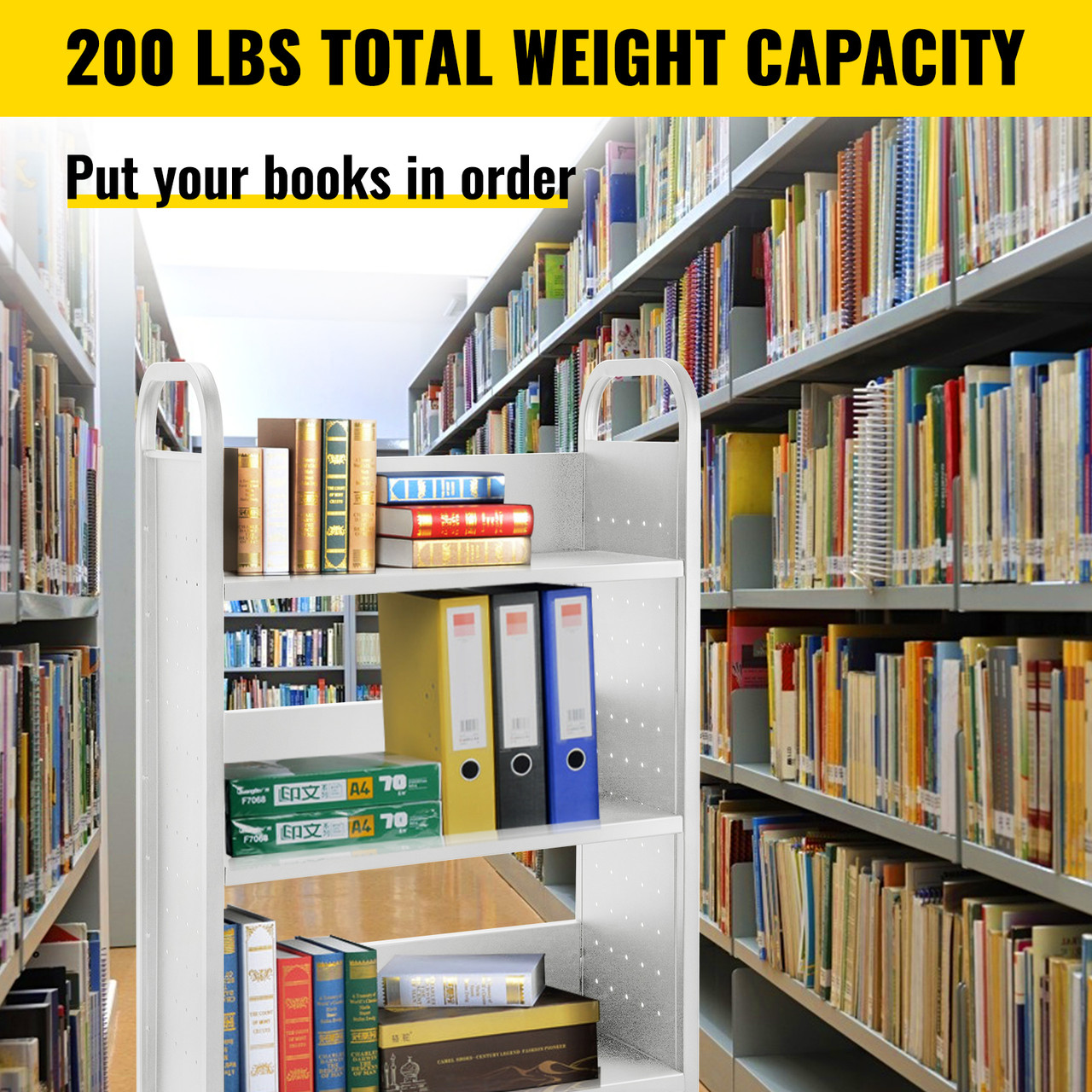Book Cart Library Cart 200lb with Single Sided L-Shaped Sloped Shelves in White