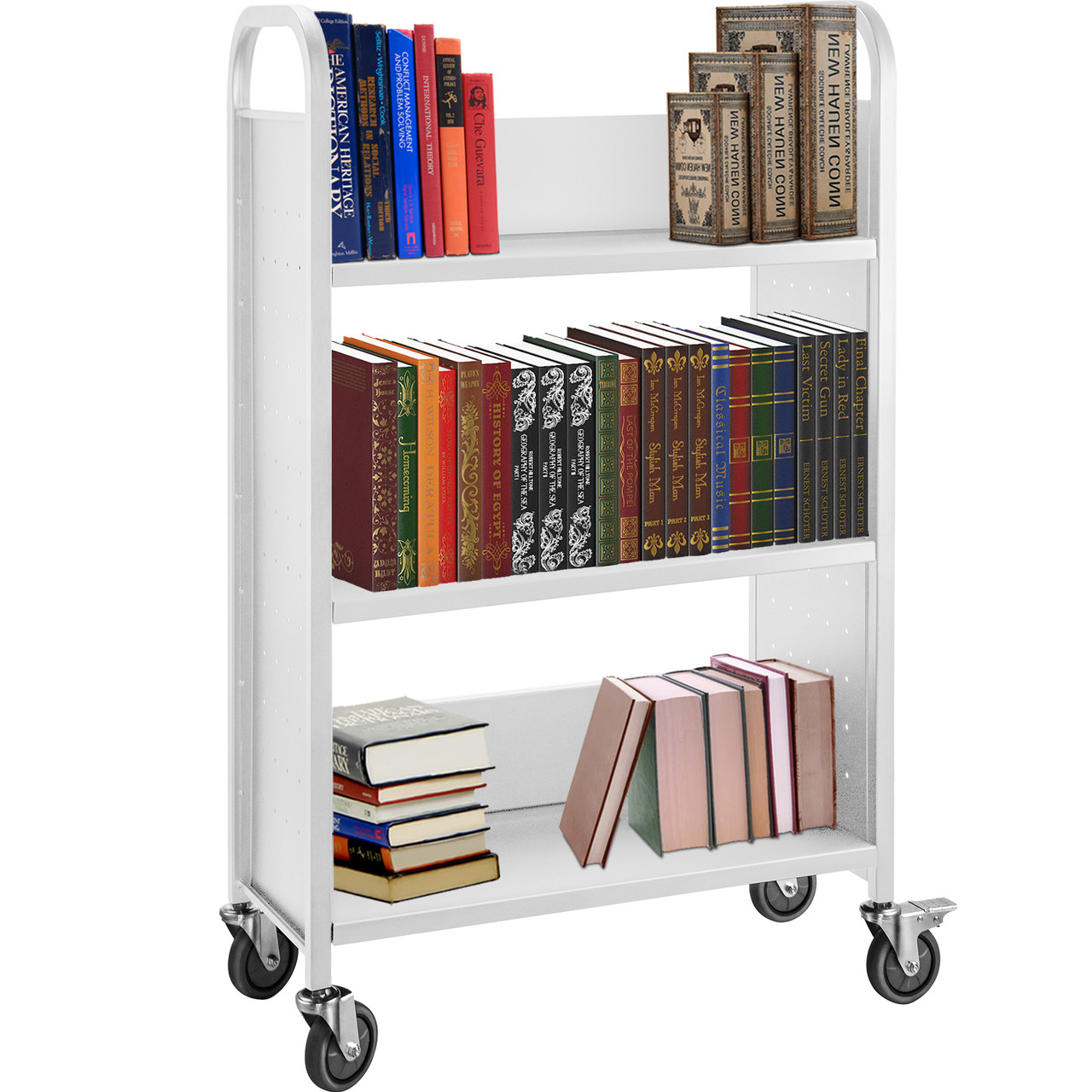 Book Cart Library Cart 200lb with Single Sided L-Shaped Sloped Shelves in White
