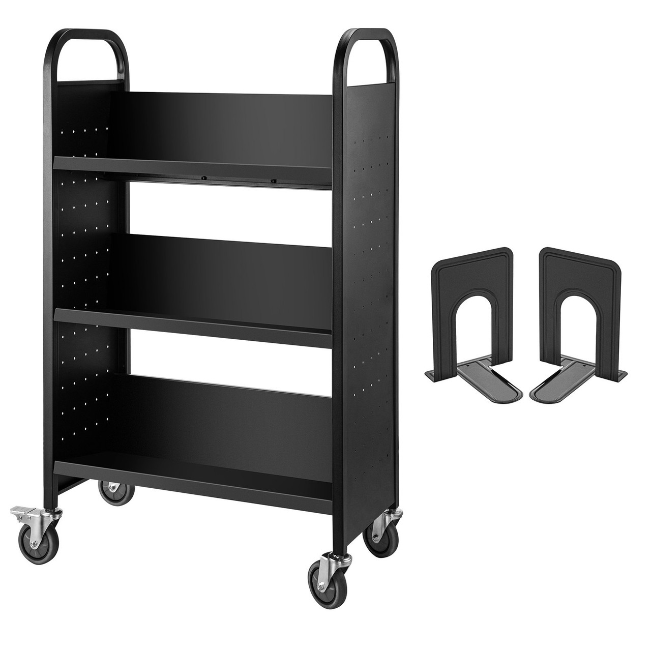 Book Cart Library Cart 200lb with Single Sided V-Shaped Sloped Shelves in Black
