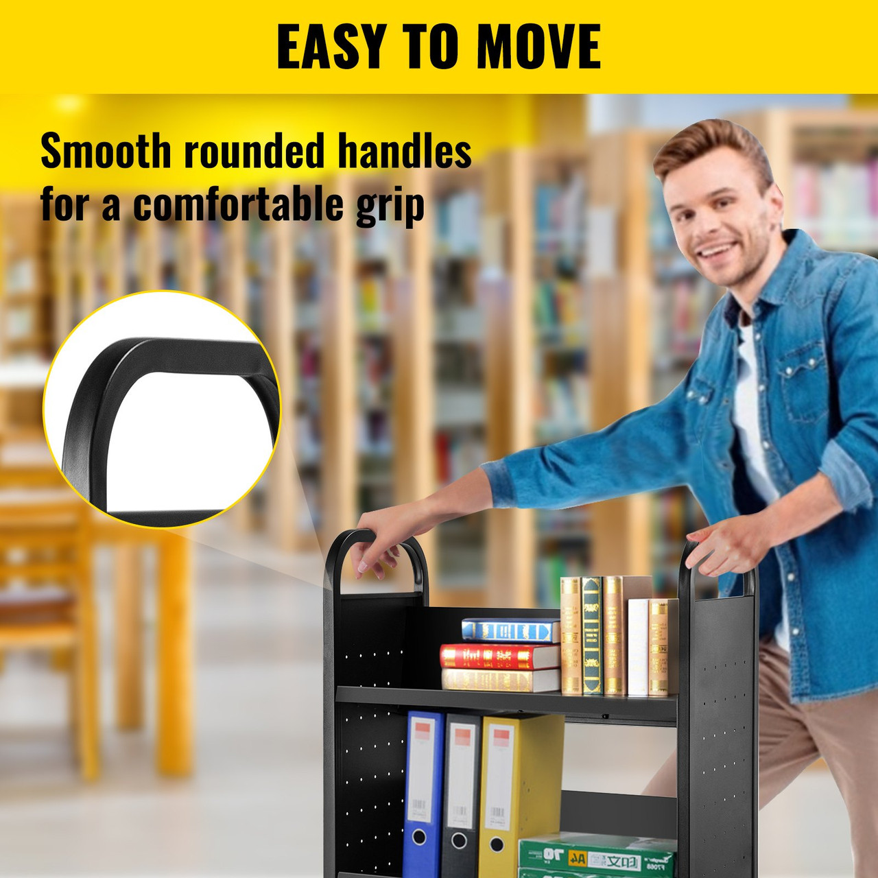 Book Cart Library Cart 200lb with Single Sided V-Shaped Sloped Shelves in Black