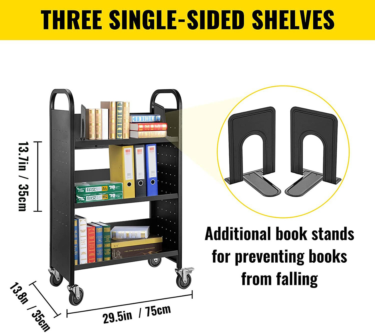 Book Cart Library Cart 200lb with Single Sided V-Shaped Sloped Shelves in Black