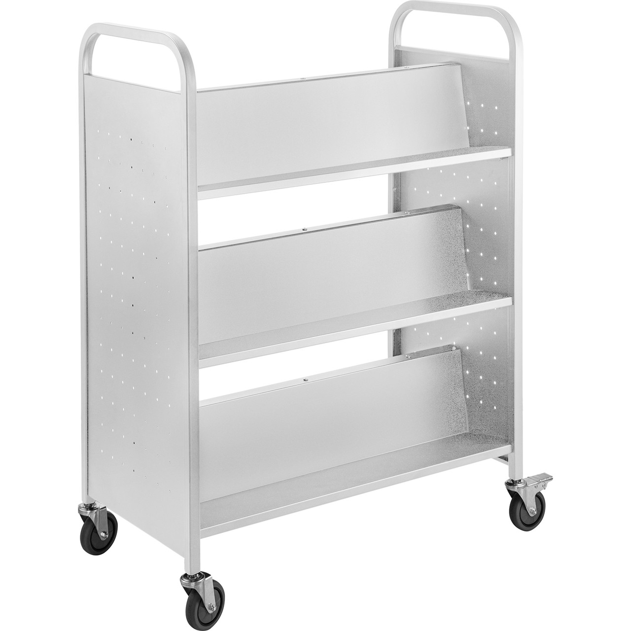 Book Cart Library Cart 200lb with Double Sided W-Shaped Sloped Shelves in White