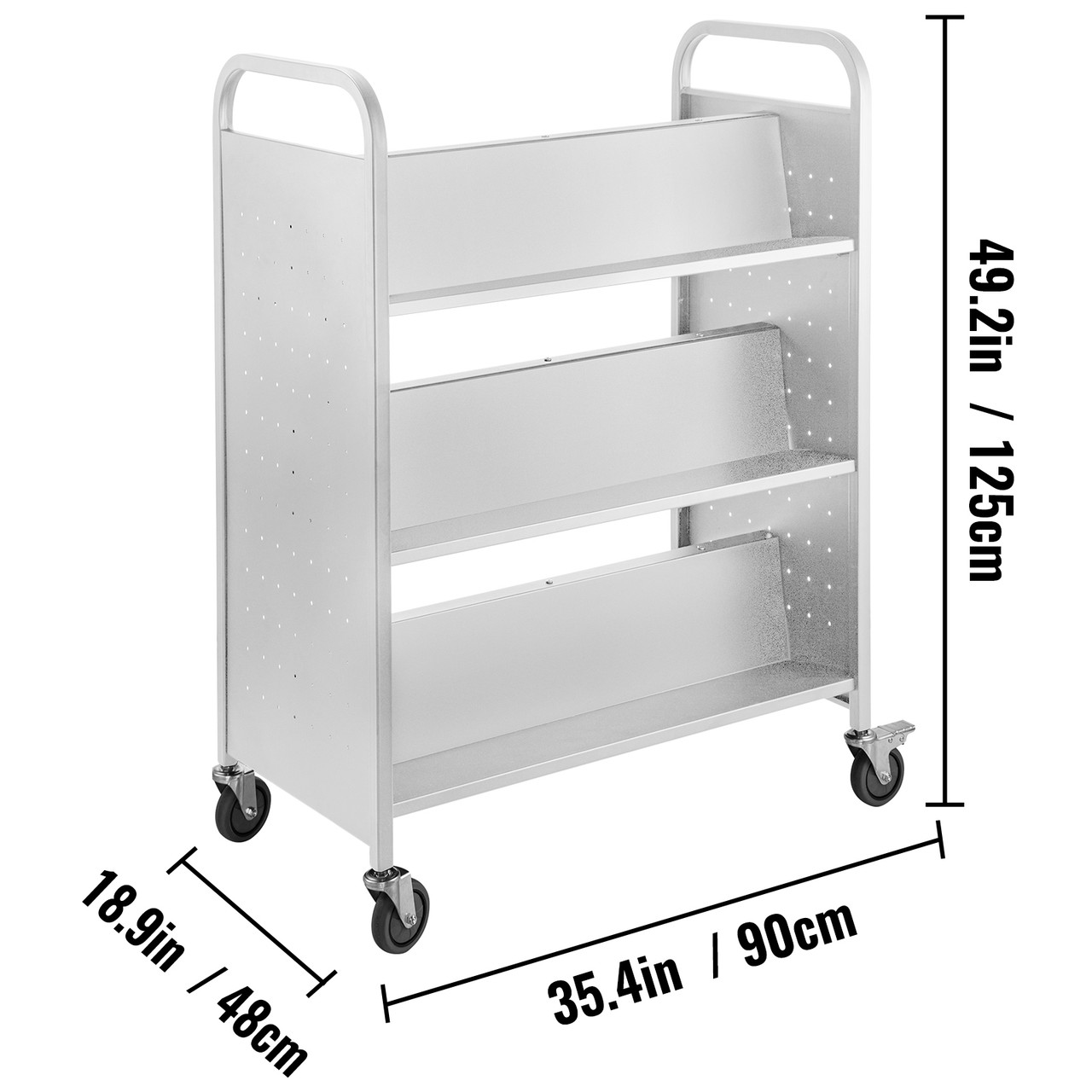 Book Cart Library Cart 200lb with Double Sided W-Shaped Sloped Shelves in White