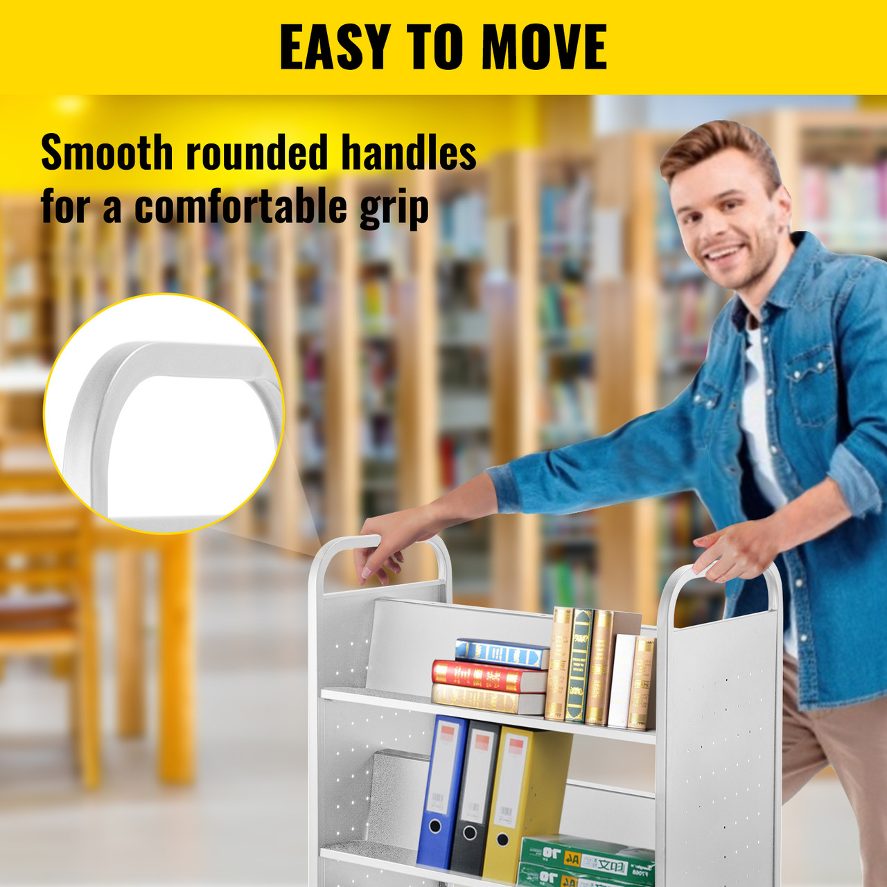 Book Cart Library Cart 200lb with Double Sided W-Shaped Sloped Shelves in White