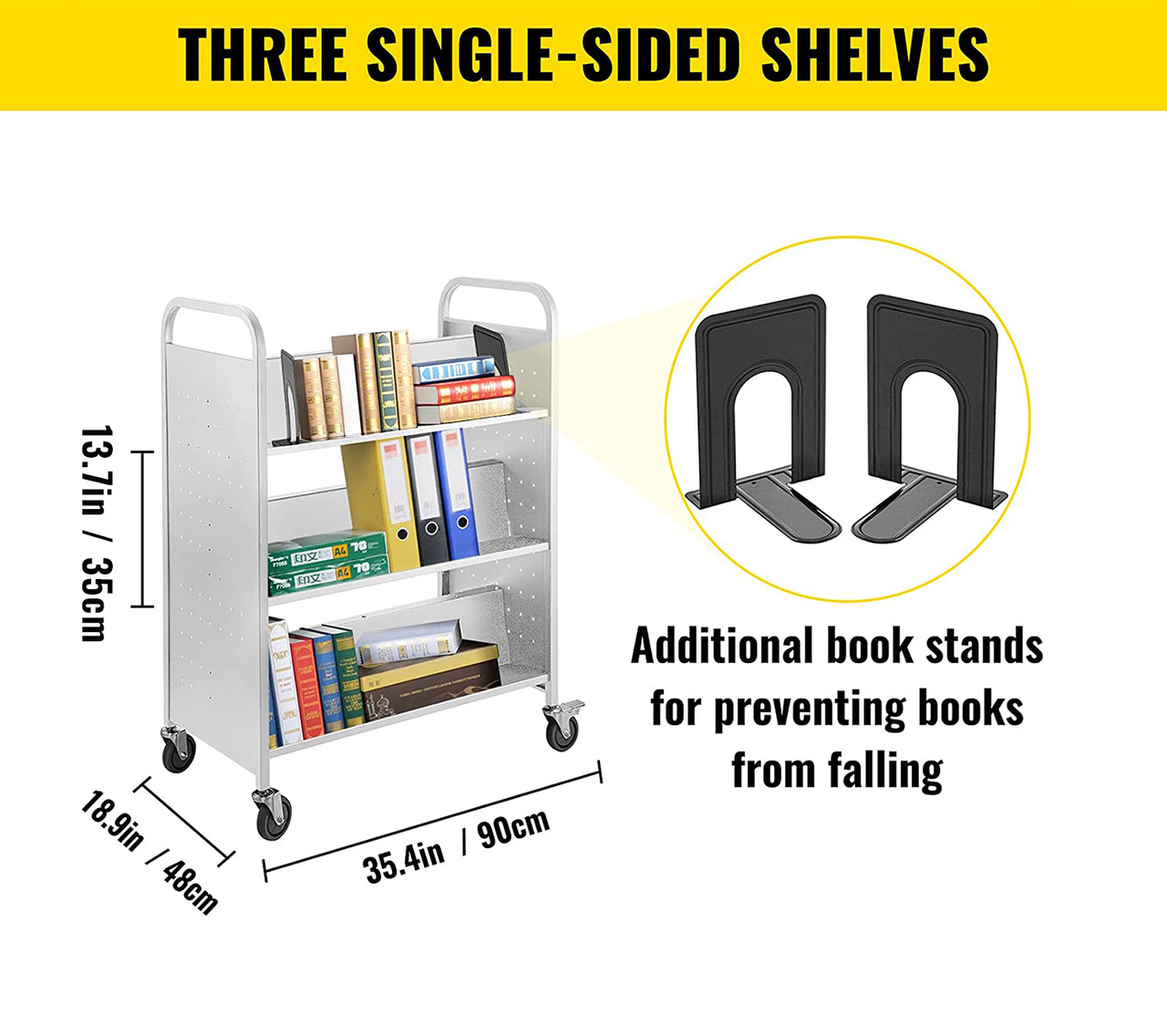 Book Cart Library Cart 200lb with Double Sided W-Shaped Sloped Shelves in White