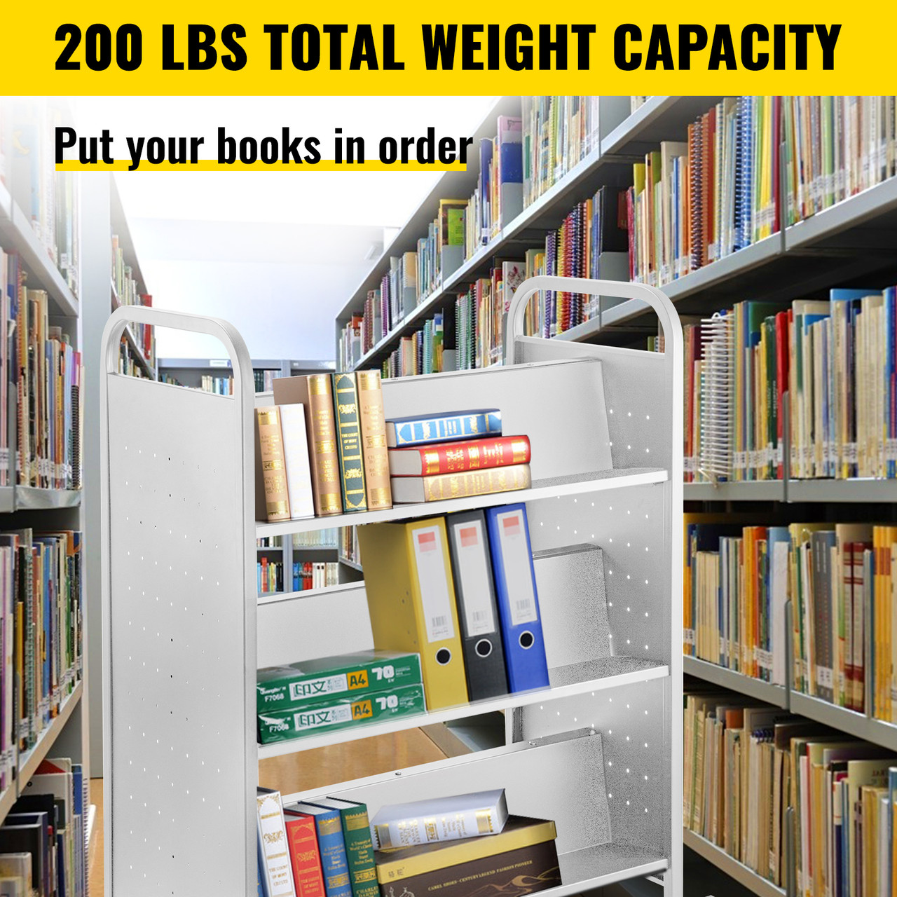 Book Cart Library Cart 200lb with Double Sided W-Shaped Sloped Shelves in White