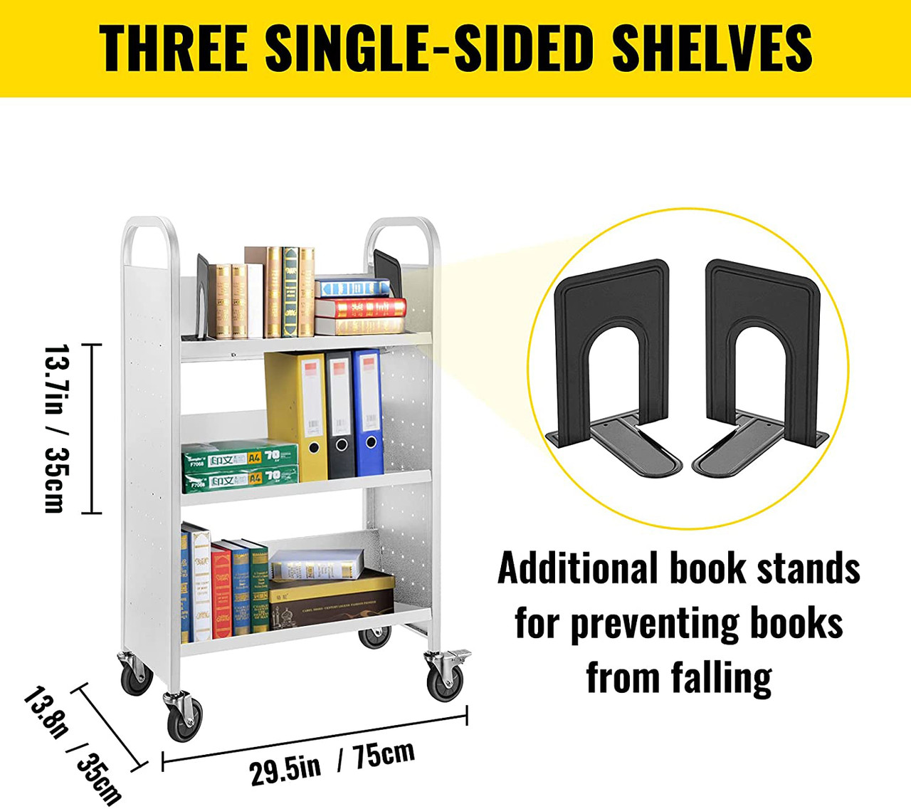 Book Cart Library Cart 200 lbs Capacity with V-Shaped Shelves in Black