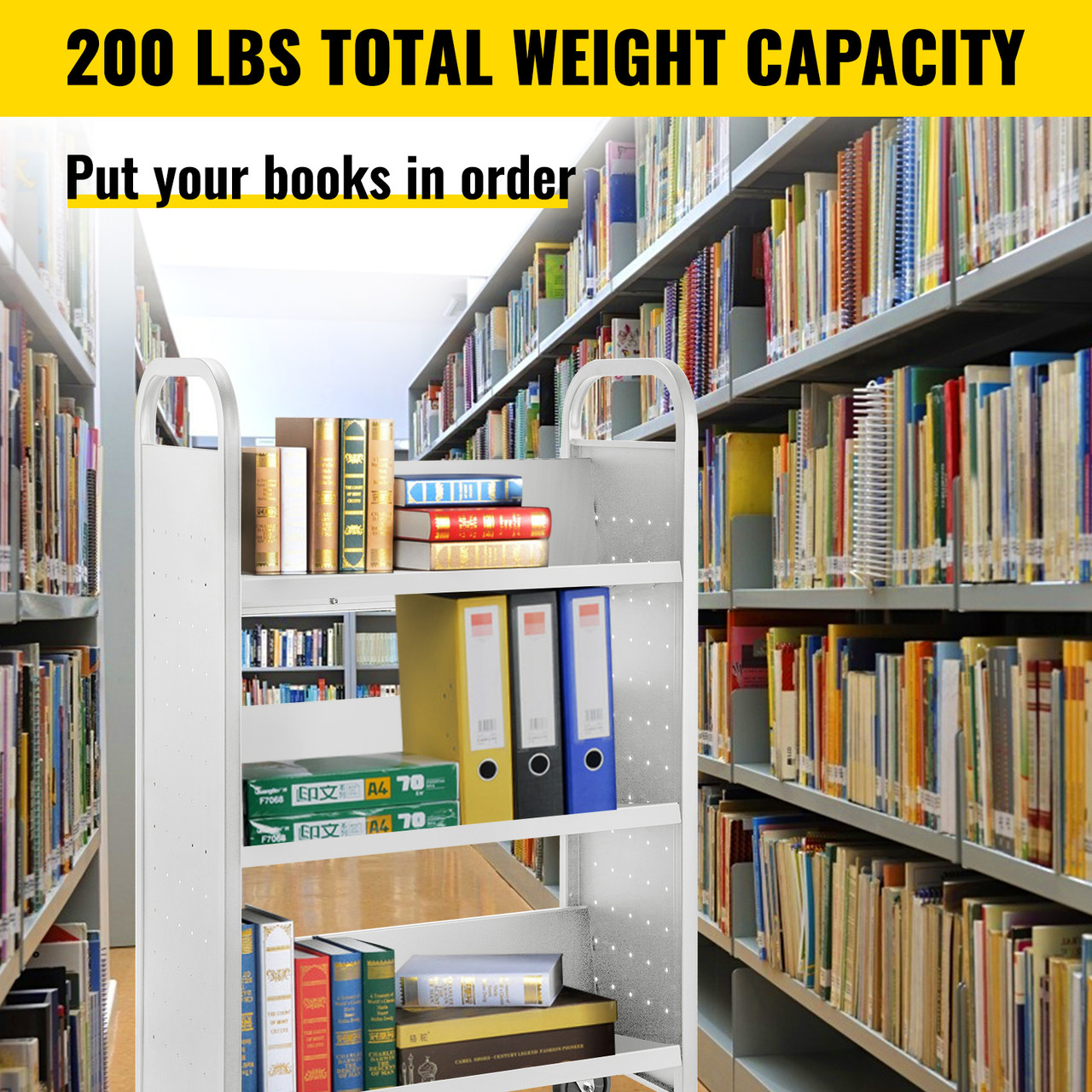 Book Cart Library Cart 200 lbs Capacity with V-Shaped Shelves in Black