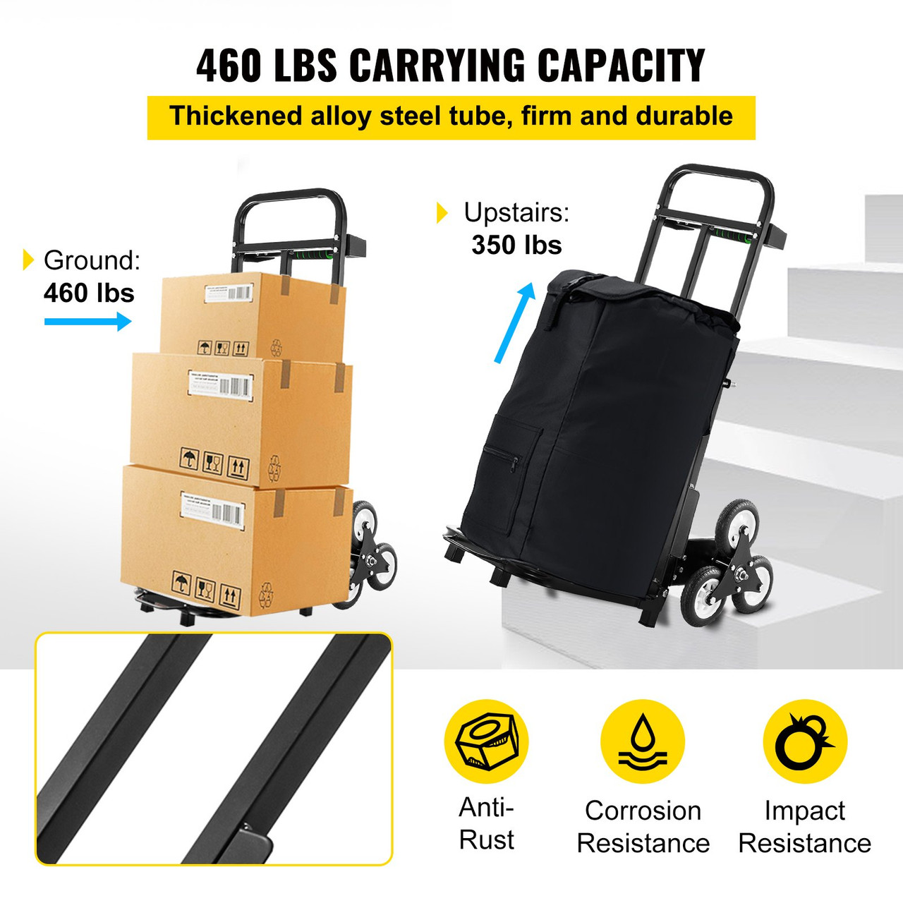 Stair Climbing Cart 460lbs Capacity, Portable Folding Trolley with 5Inch Wheels, Stair Climber Hand Truck with Adjustable Handle for Pulling, All Terrain Heavy Duty Dolly Cart for Stairs