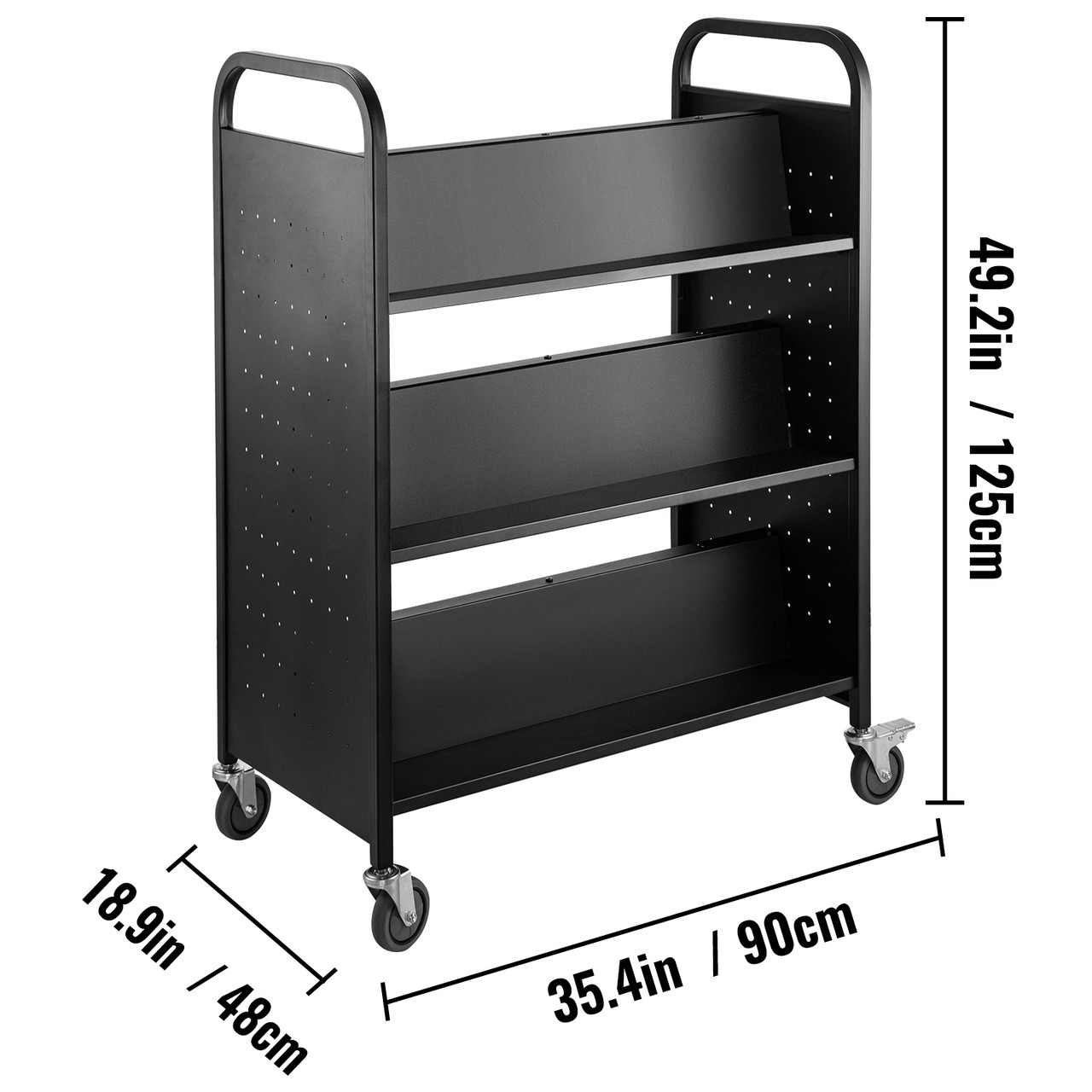 Book Cart Library Cart 200lb w/ Double Sided W-Shaped Sloped Shelves Black