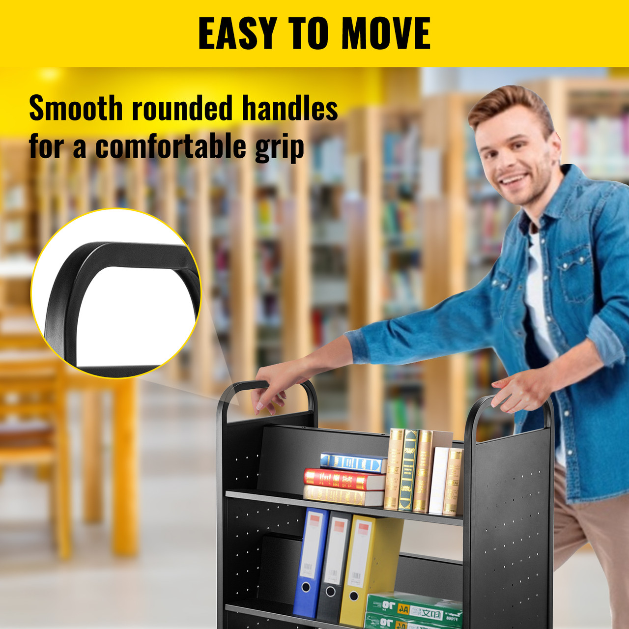 Book Cart Library Cart 200lb w/ Double Sided W-Shaped Sloped Shelves Black