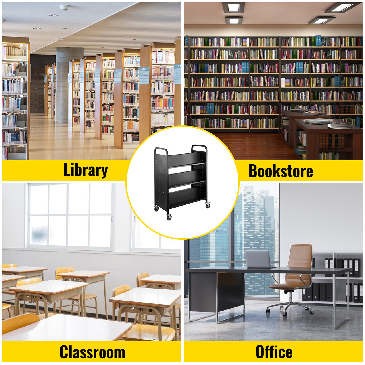 Book Cart Library Cart 200lb w/ Double Sided W-Shaped Sloped Shelves Black