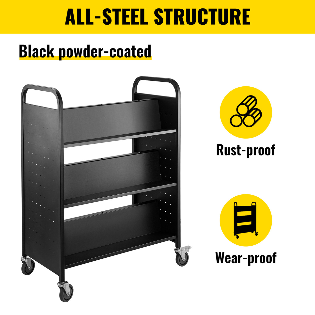 Book Cart Library Cart 200lb w/ Double Sided W-Shaped Sloped Shelves Black