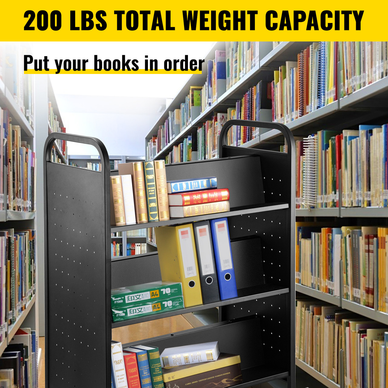Book Cart Library Cart 200lb w/ Double Sided W-Shaped Sloped Shelves Black