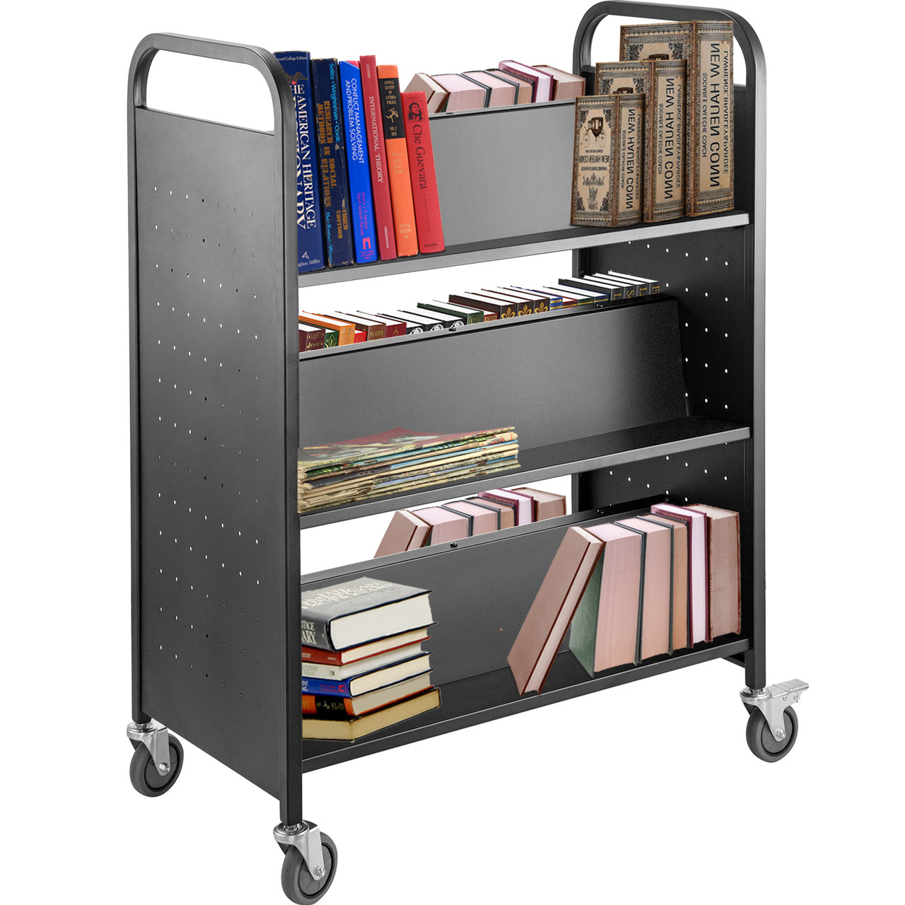 Book Cart Library Cart 200lb w/ Double Sided W-Shaped Sloped Shelves Black