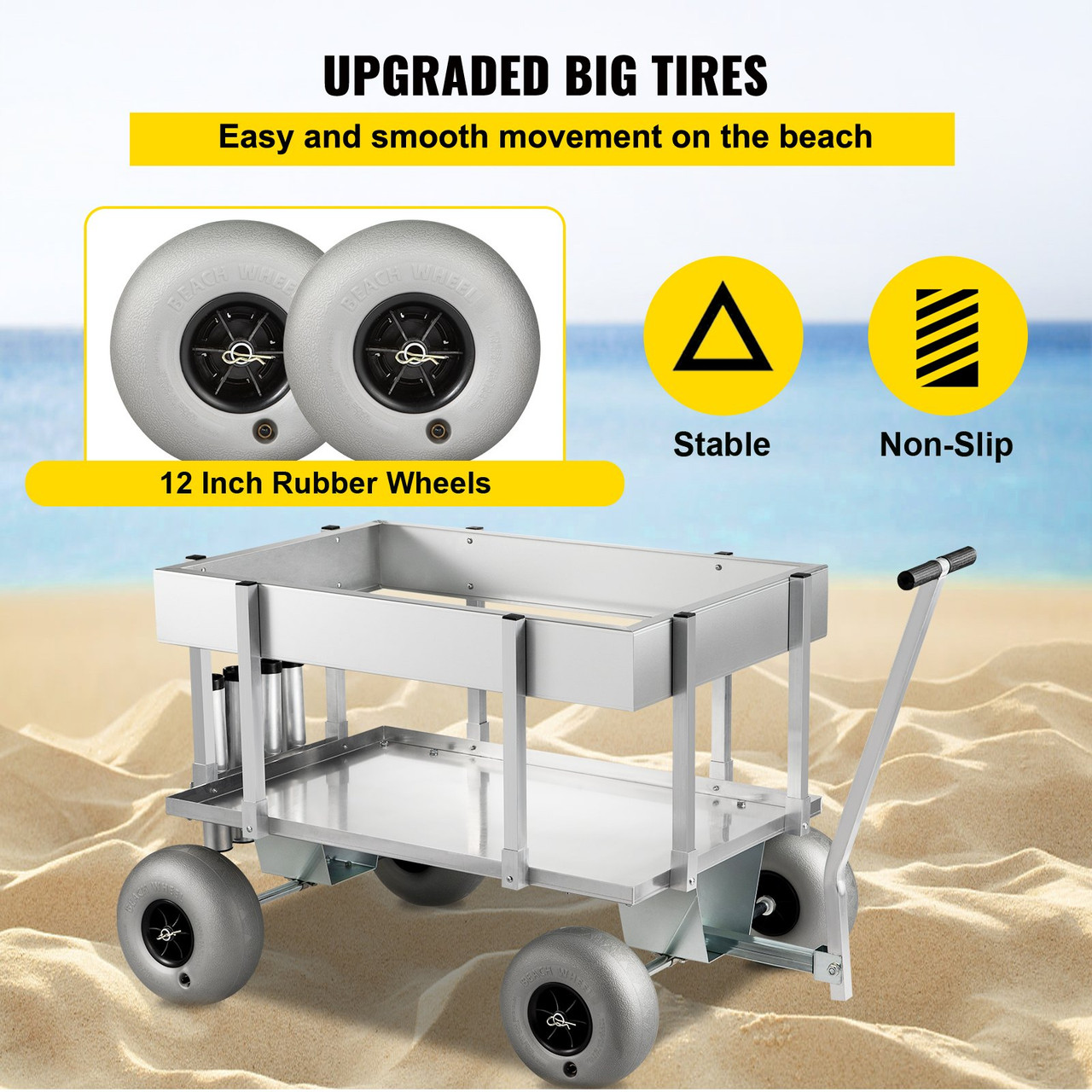 Beach Carts for The Sand, W/ 12inch PVC Balloon Wheels,Loading Folding Sand  Cart Adjustable Height,for Picnic, Fishing, Beach