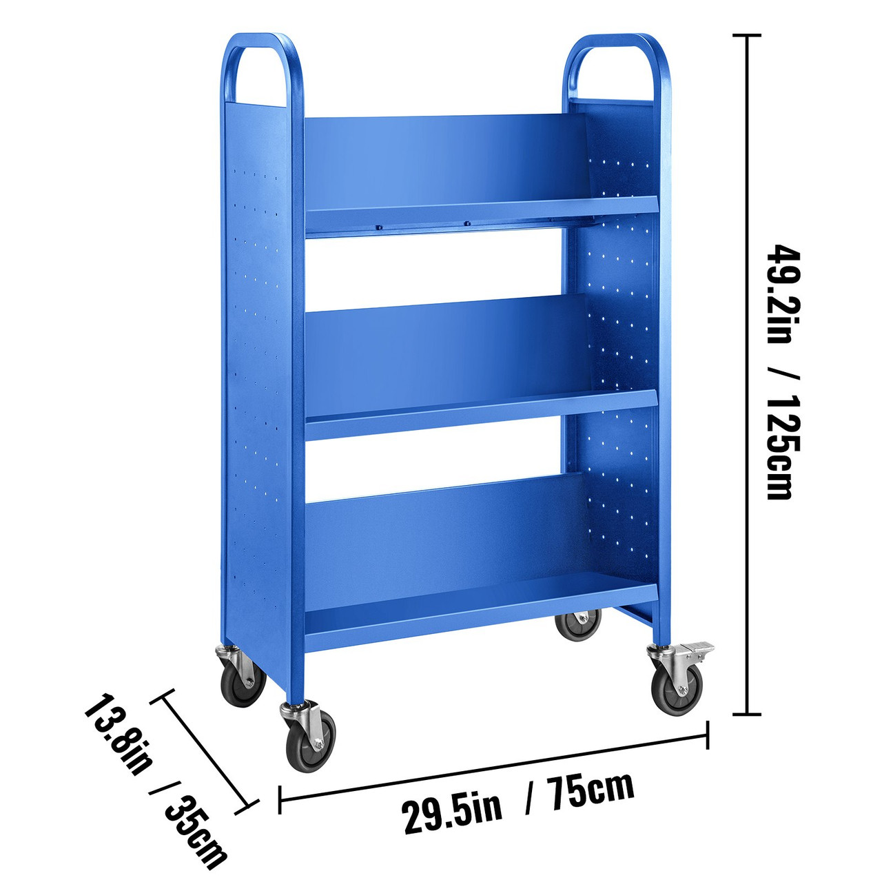 Book Cart Library Cart 200lb with Single Sided V-Shaped Sloped Shelves in Blue