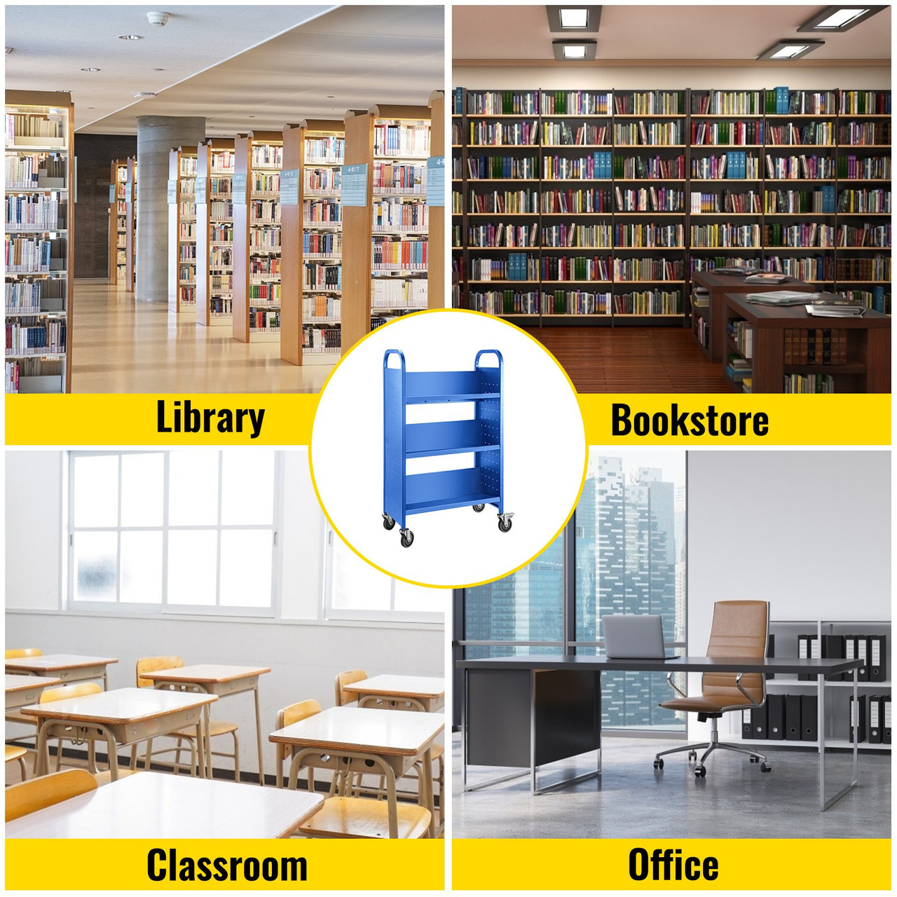 Book Cart Library Cart 200lb with Single Sided V-Shaped Sloped Shelves in Blue