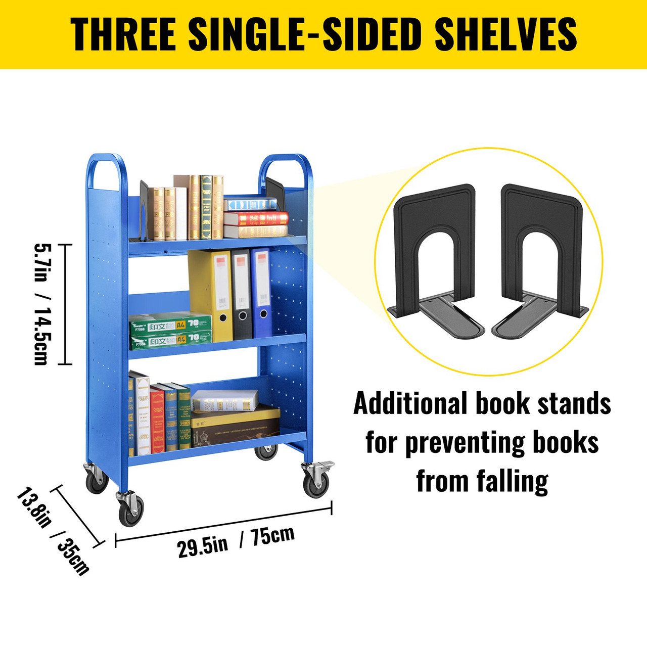 Book Cart Library Cart 200lb with Single Sided V-Shaped Sloped Shelves in Blue