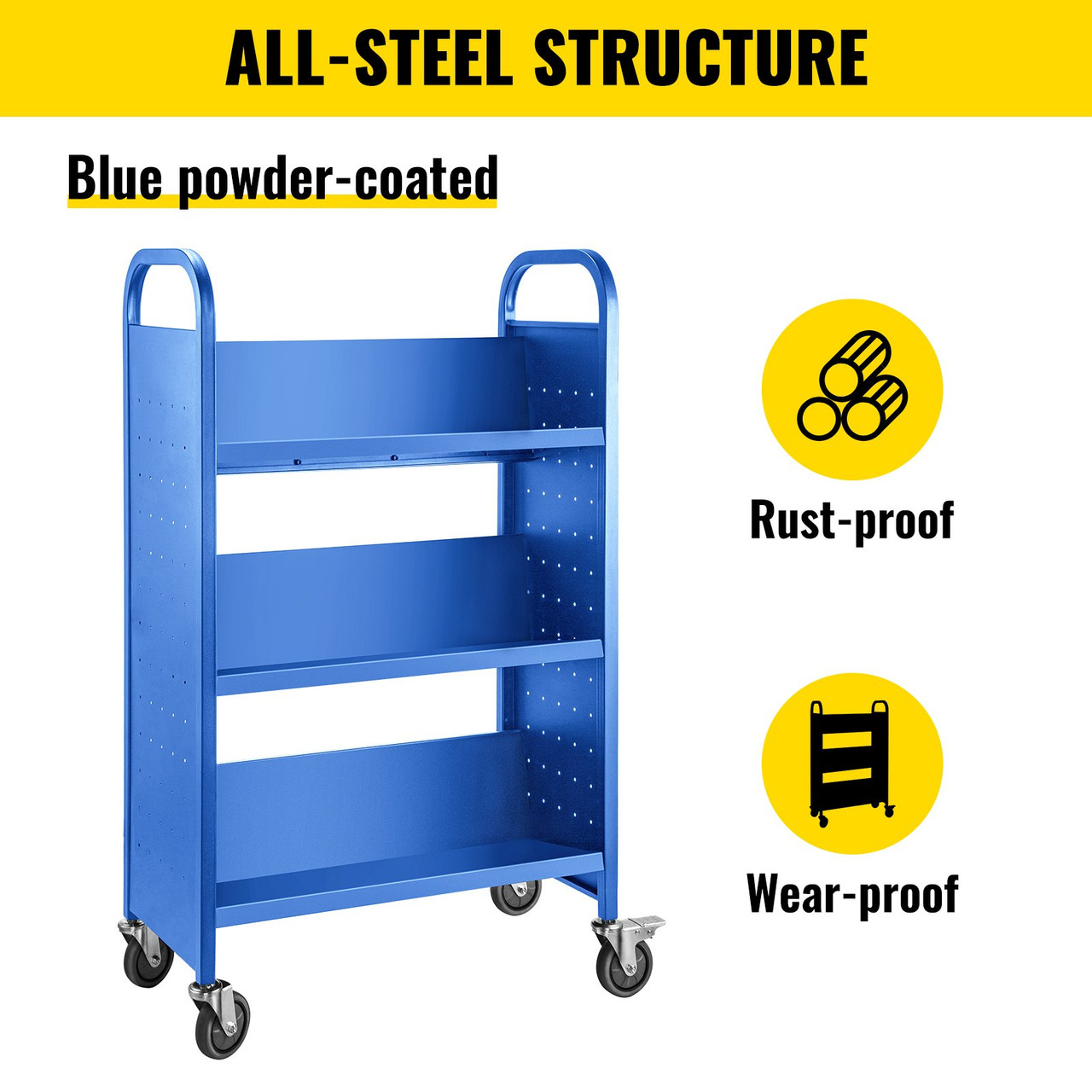Book Cart Library Cart 200lb with Single Sided V-Shaped Sloped Shelves in Blue