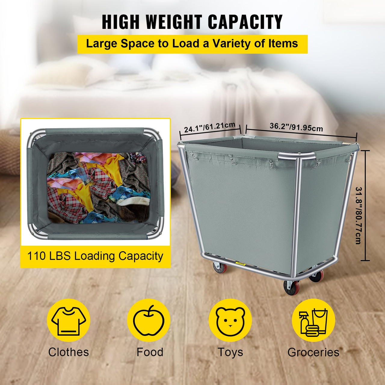 Basket Truck, 10 Bushel Steel Canvas Laundry Basket, 3" Diameter Wheels Truck Cap Basket Canvas Laundry Cart Usually Used to Transport Clothes, Store Sundries Suitable for Hotel, Home, Hospital