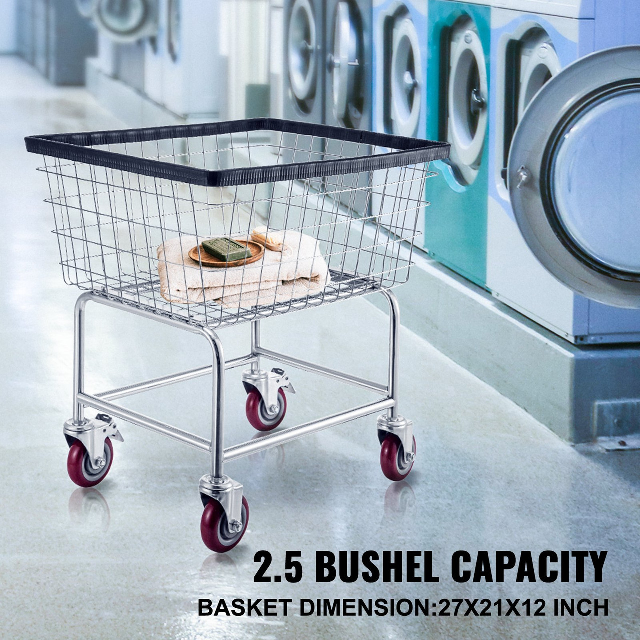 Wire Laundry Cart 2.2 Bushel, Wire Laundry Basket With Wheels 20''x15.7''x26'', Commercial Wire Laundry Basket Cart, Galvanized Steel Frame with 5'' Casters, Wire Basket Cart for Laundry