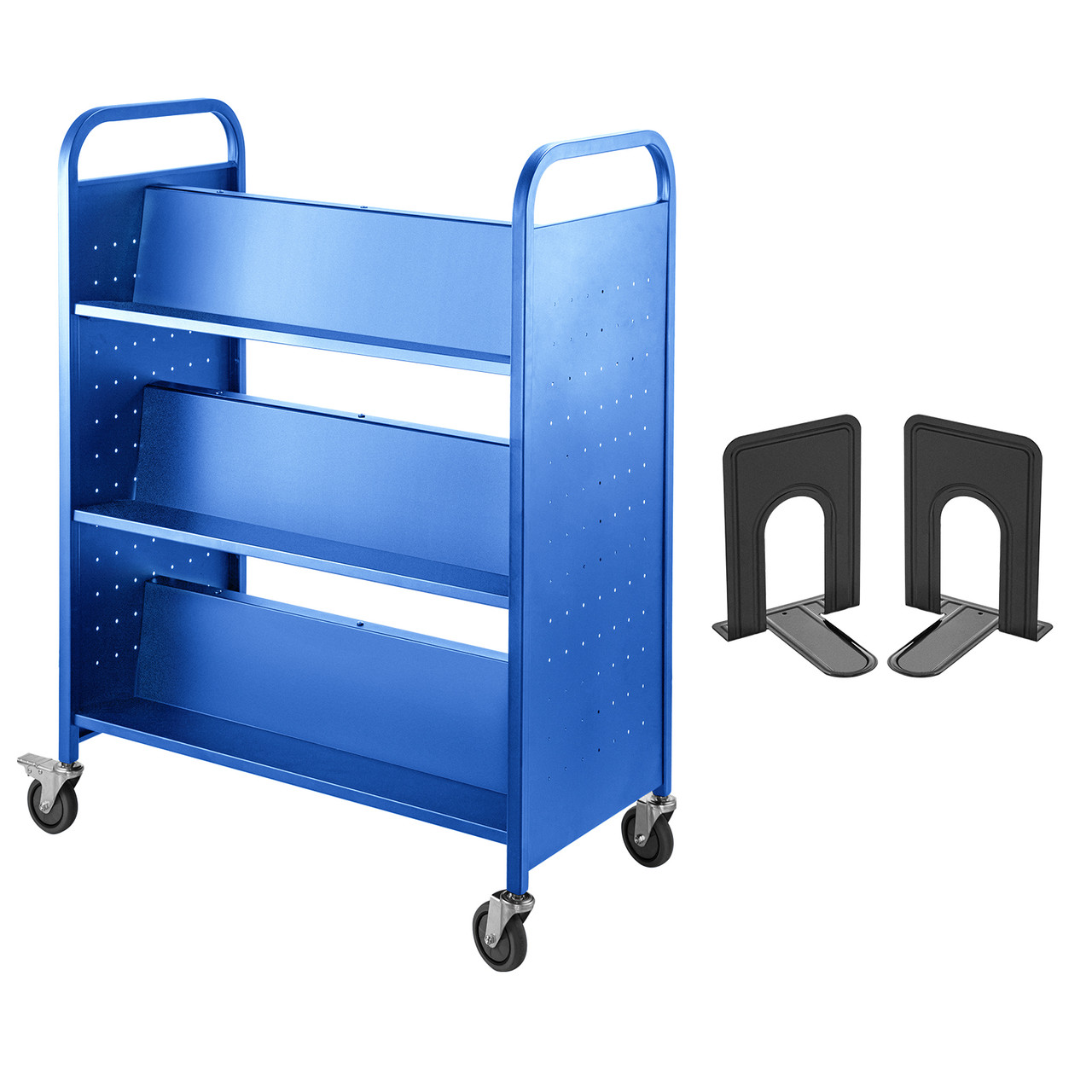 Book Cart Library Cart 200lb with Double Sided W-Shaped Sloped Shelves in Blue
