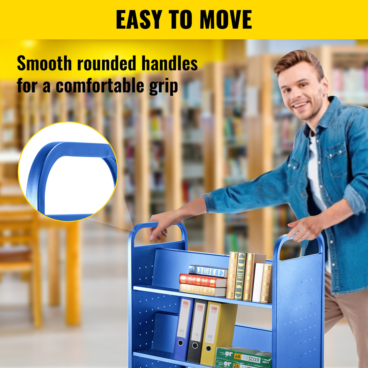 Book Cart Library Cart 200lb with Double Sided W-Shaped Sloped Shelves in Blue