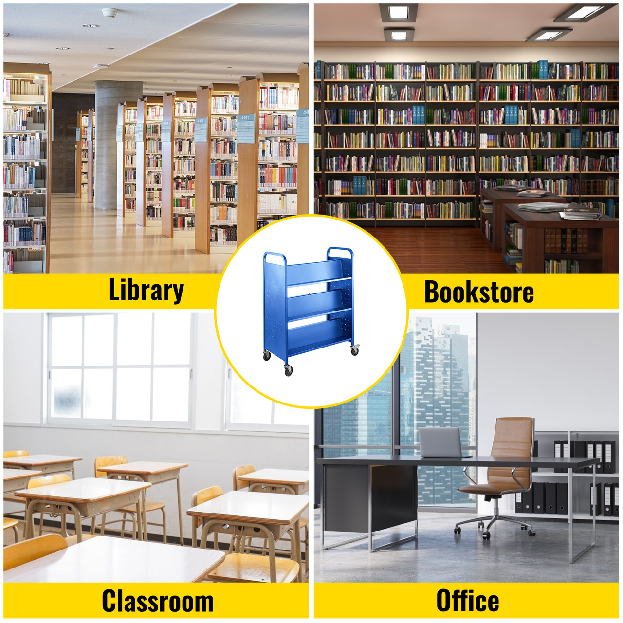 Book Cart Library Cart 200lb with Double Sided W-Shaped Sloped Shelves in Blue