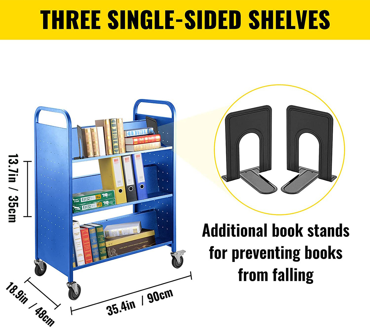 Book Cart Library Cart 200lb with Double Sided W-Shaped Sloped Shelves in Blue