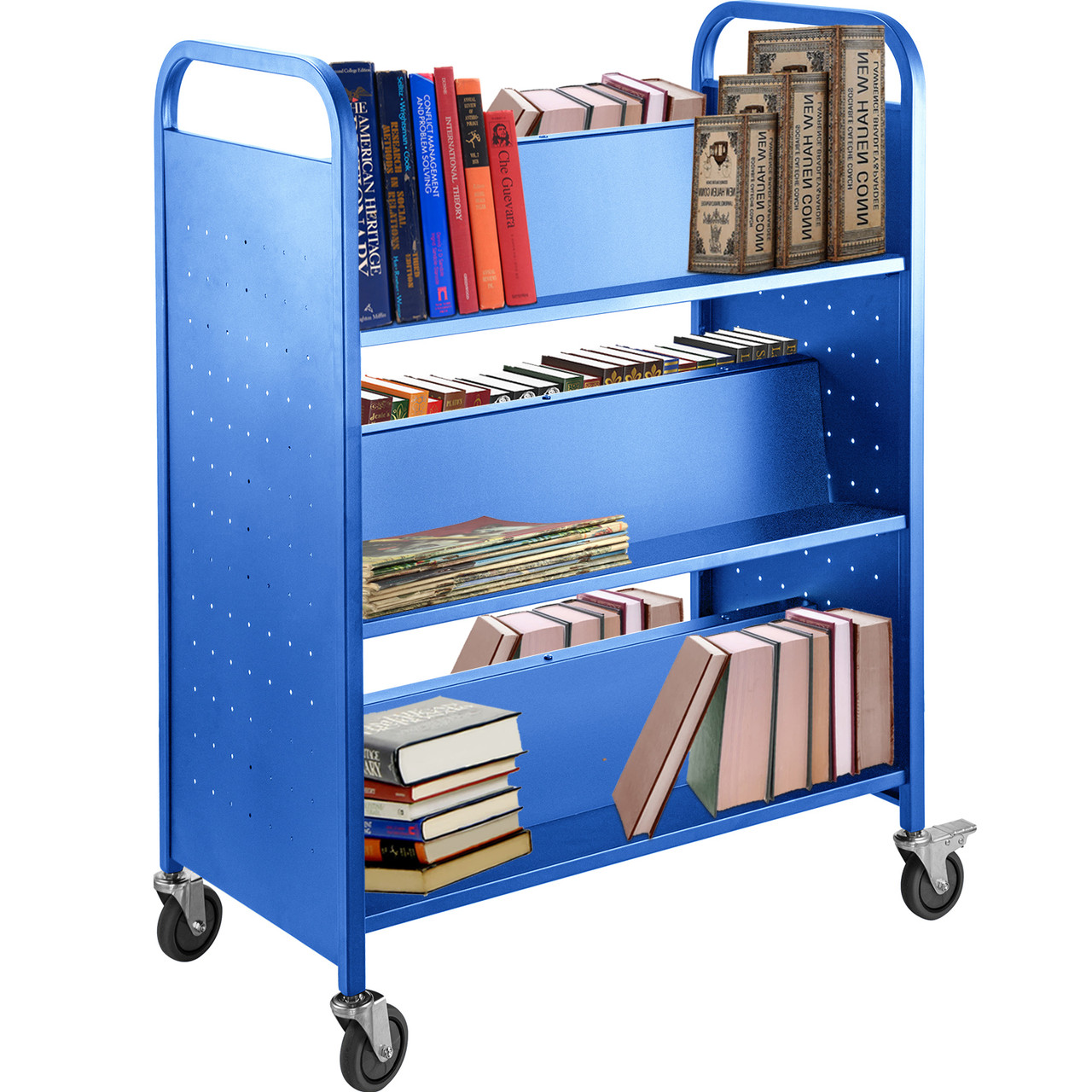 Book Cart Library Cart 200lb with Double Sided W-Shaped Sloped Shelves in Blue