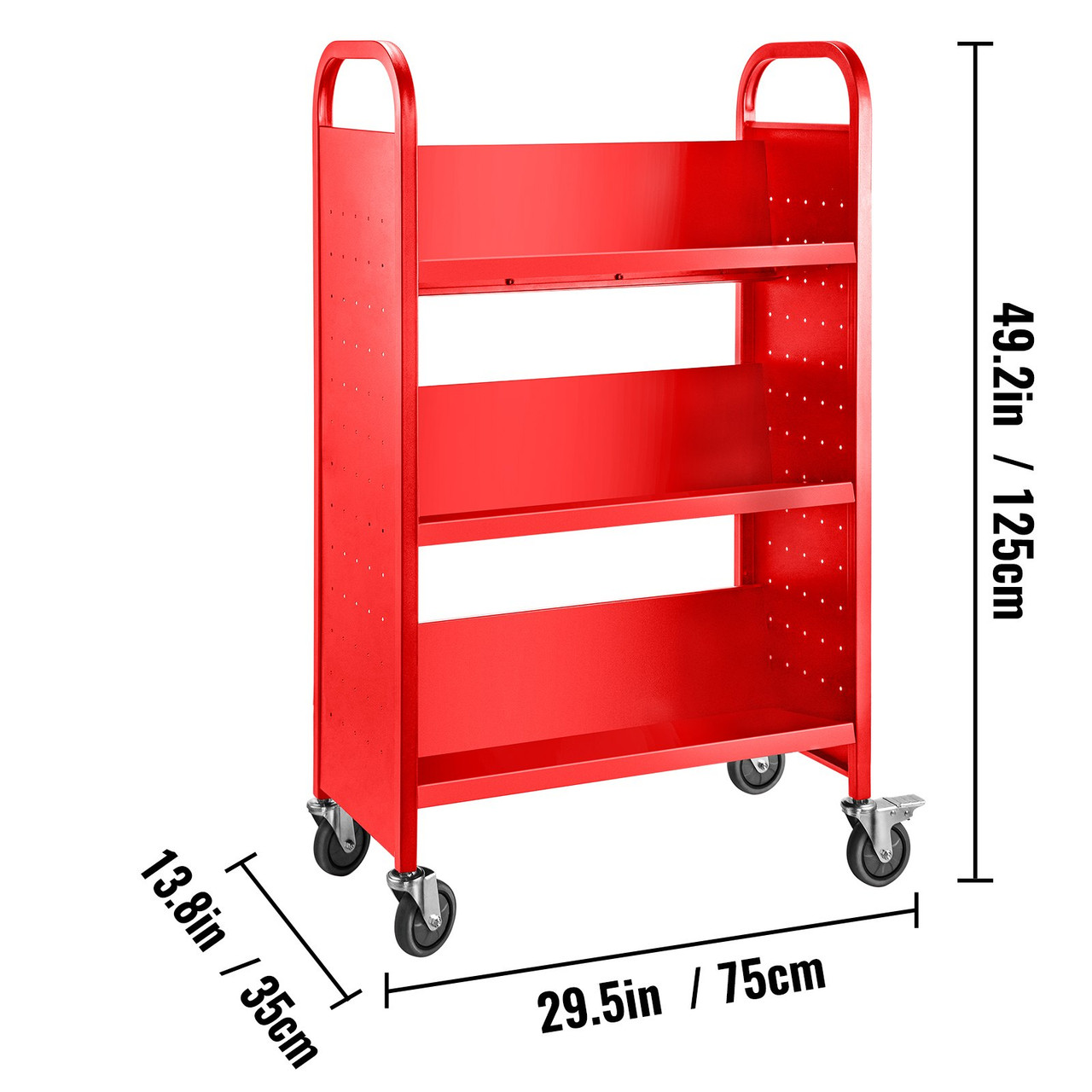 Book Cart Library Cart 200lb with Single Sided V-Shaped Sloped Shelves in Red