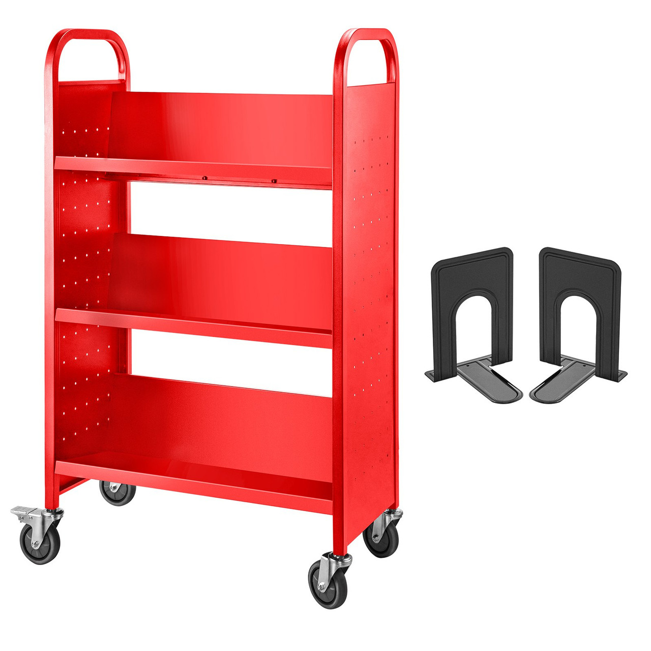 Book Cart Library Cart 200lb with Single Sided V-Shaped Sloped Shelves in Red