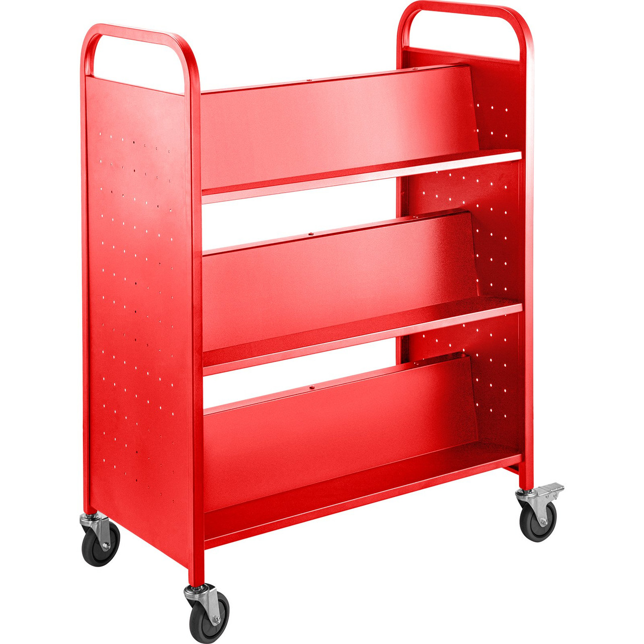 Book Cart Library Cart 200lb with Double Sided W-Shaped Sloped Shelves in Red