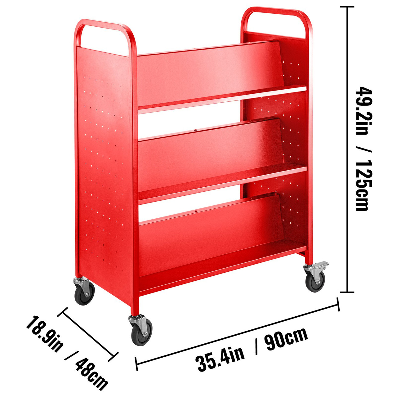 Book Cart Library Cart 200lb with Double Sided W-Shaped Sloped Shelves in Red