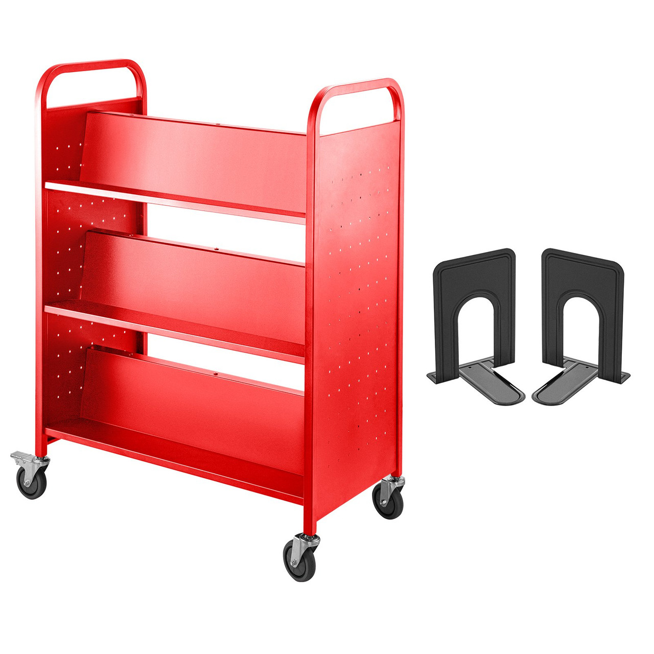 Book Cart Library Cart 200lb with Double Sided W-Shaped Sloped Shelves in Red