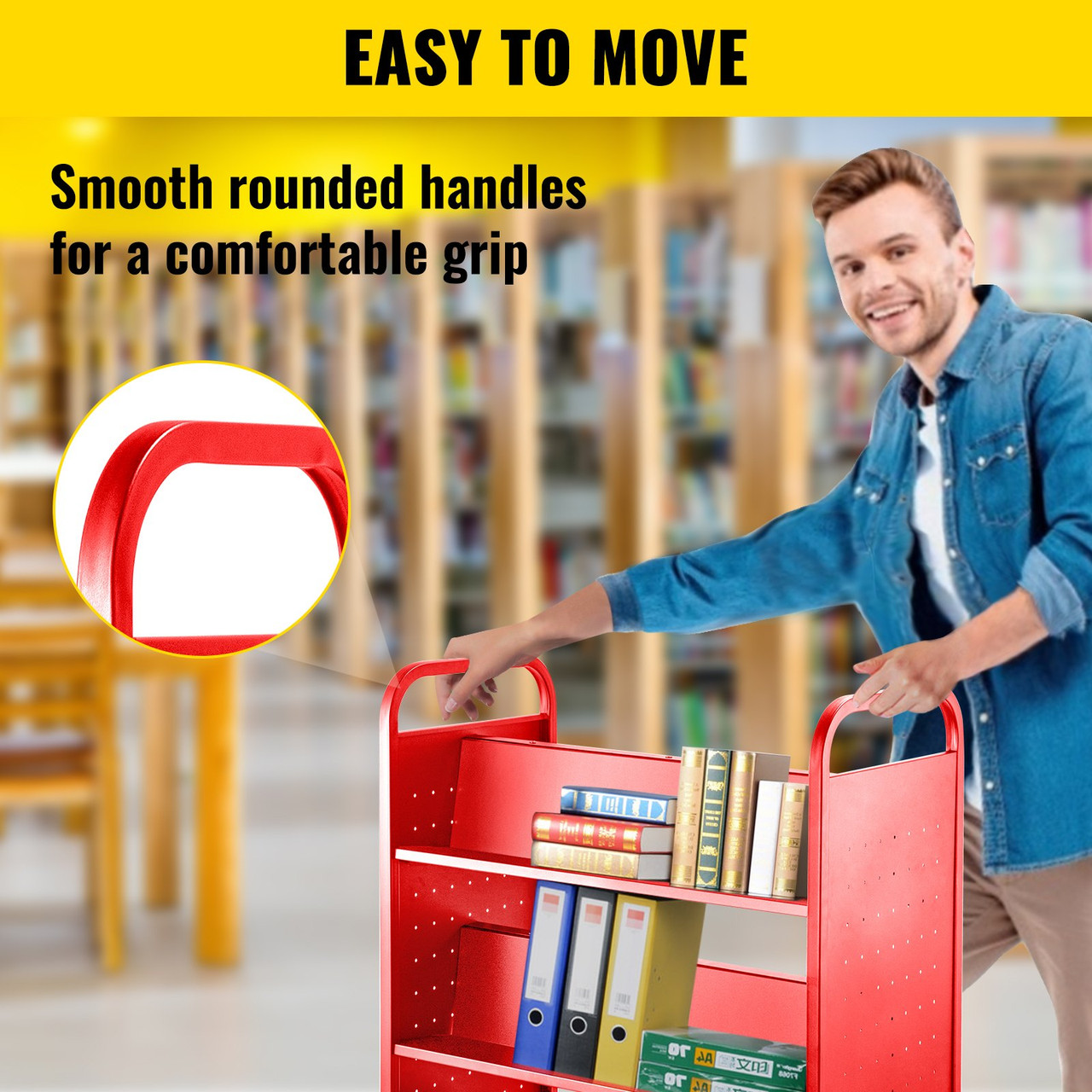 Book Cart Library Cart 200lb with Double Sided W-Shaped Sloped Shelves in Red