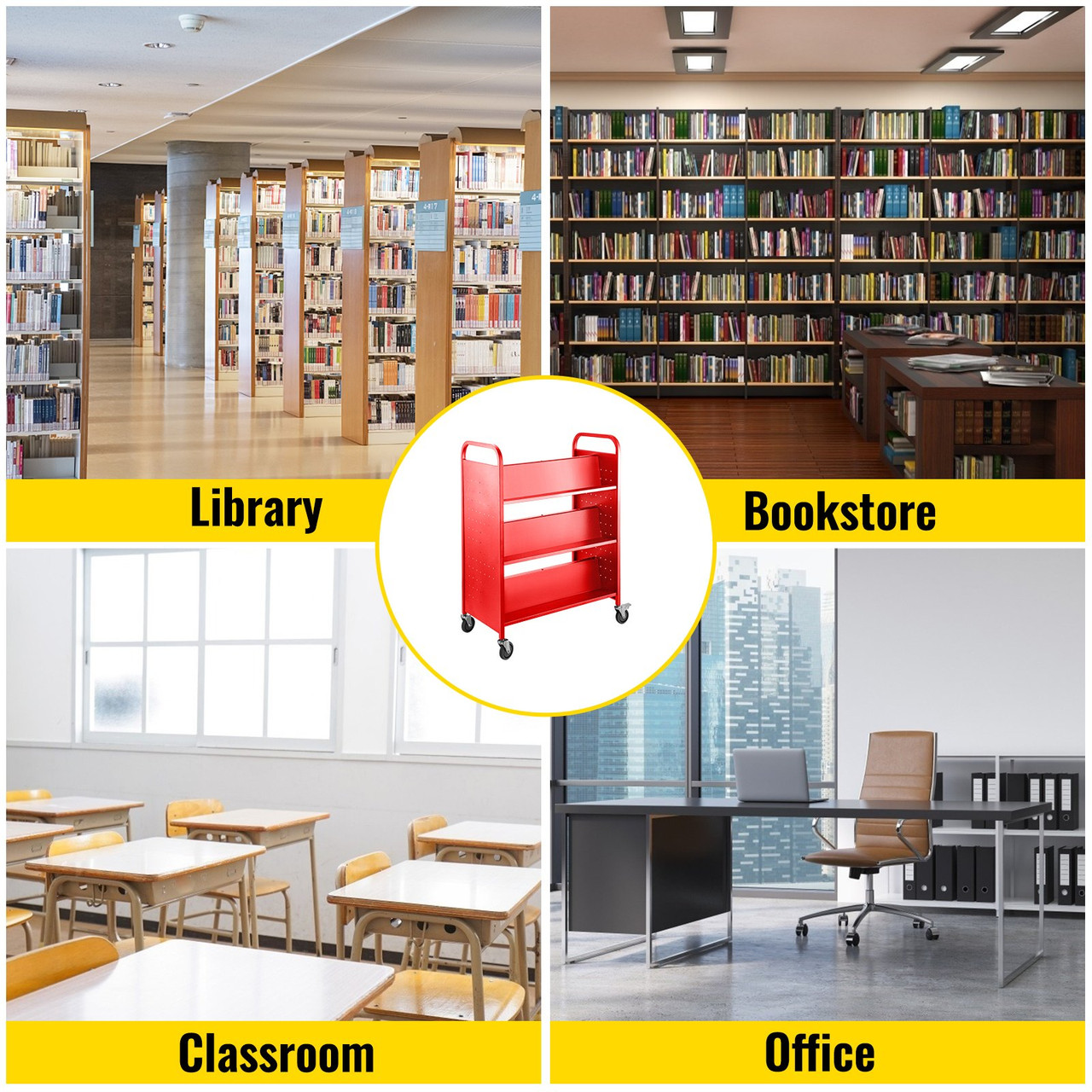 Book Cart Library Cart 200lb with Double Sided W-Shaped Sloped Shelves in Red