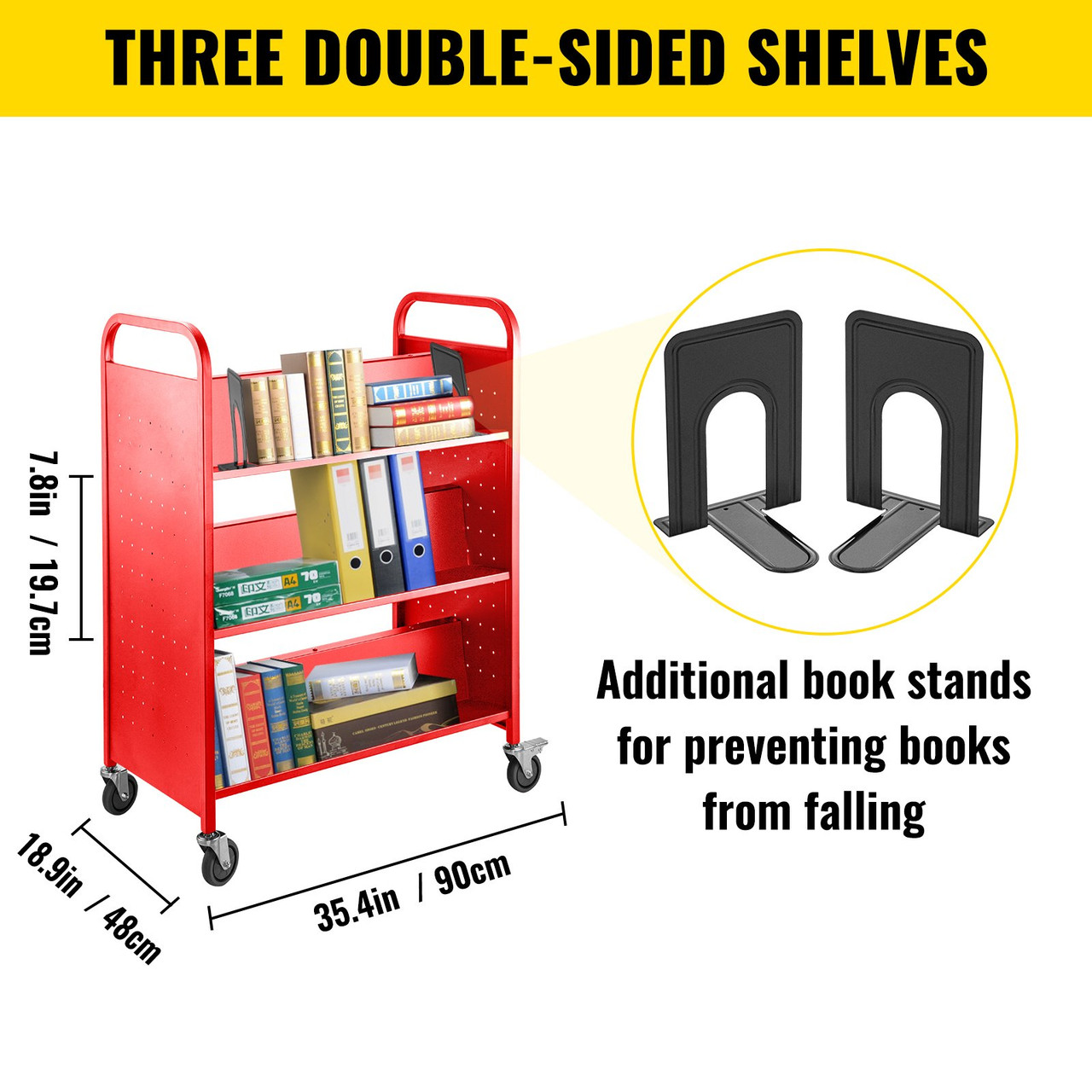 Book Cart Library Cart 200lb with Double Sided W-Shaped Sloped Shelves in Red